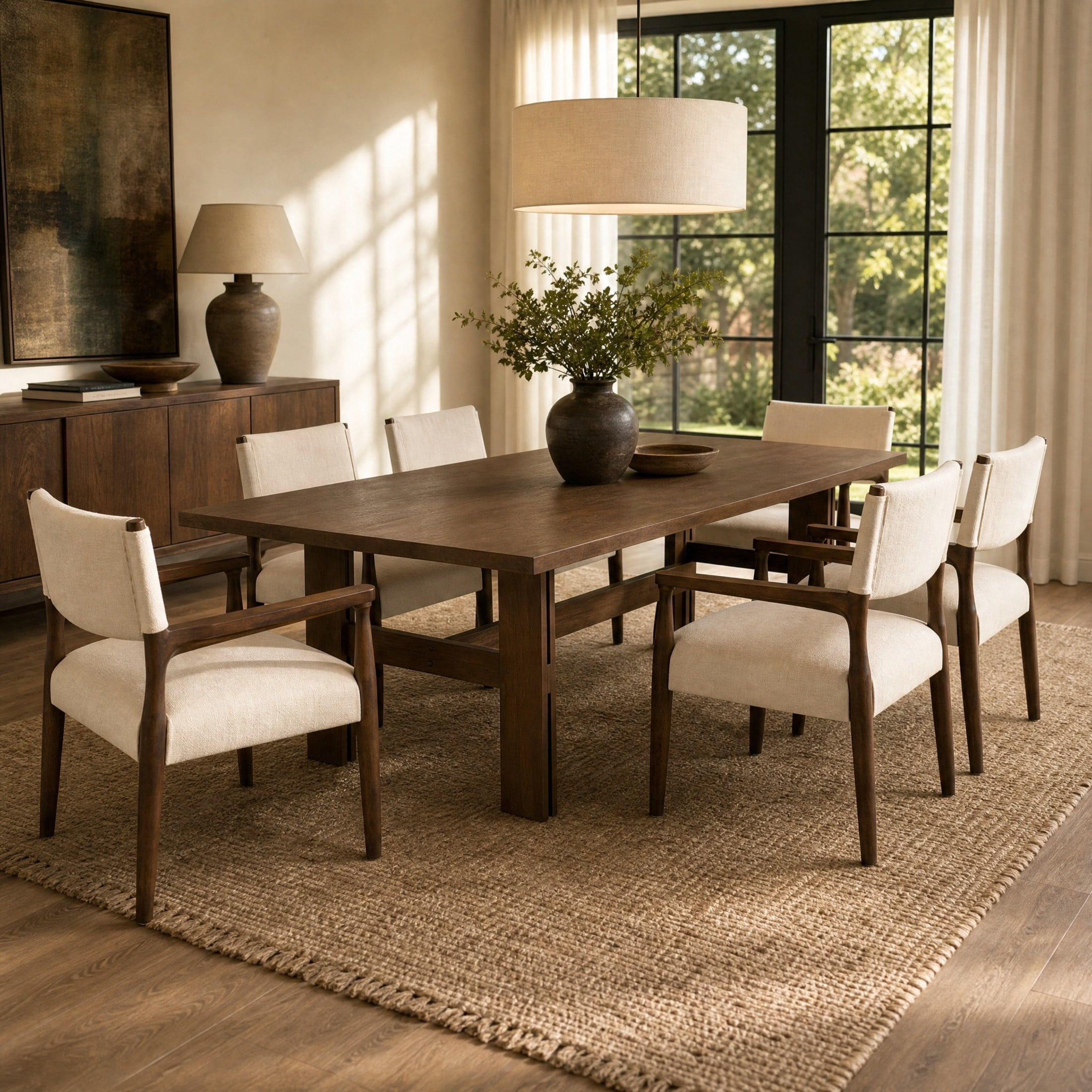 Christopher Knight Home 7-Piece Mid Century Dining Table with Upholstered Chairs Set, Walnut+Beige