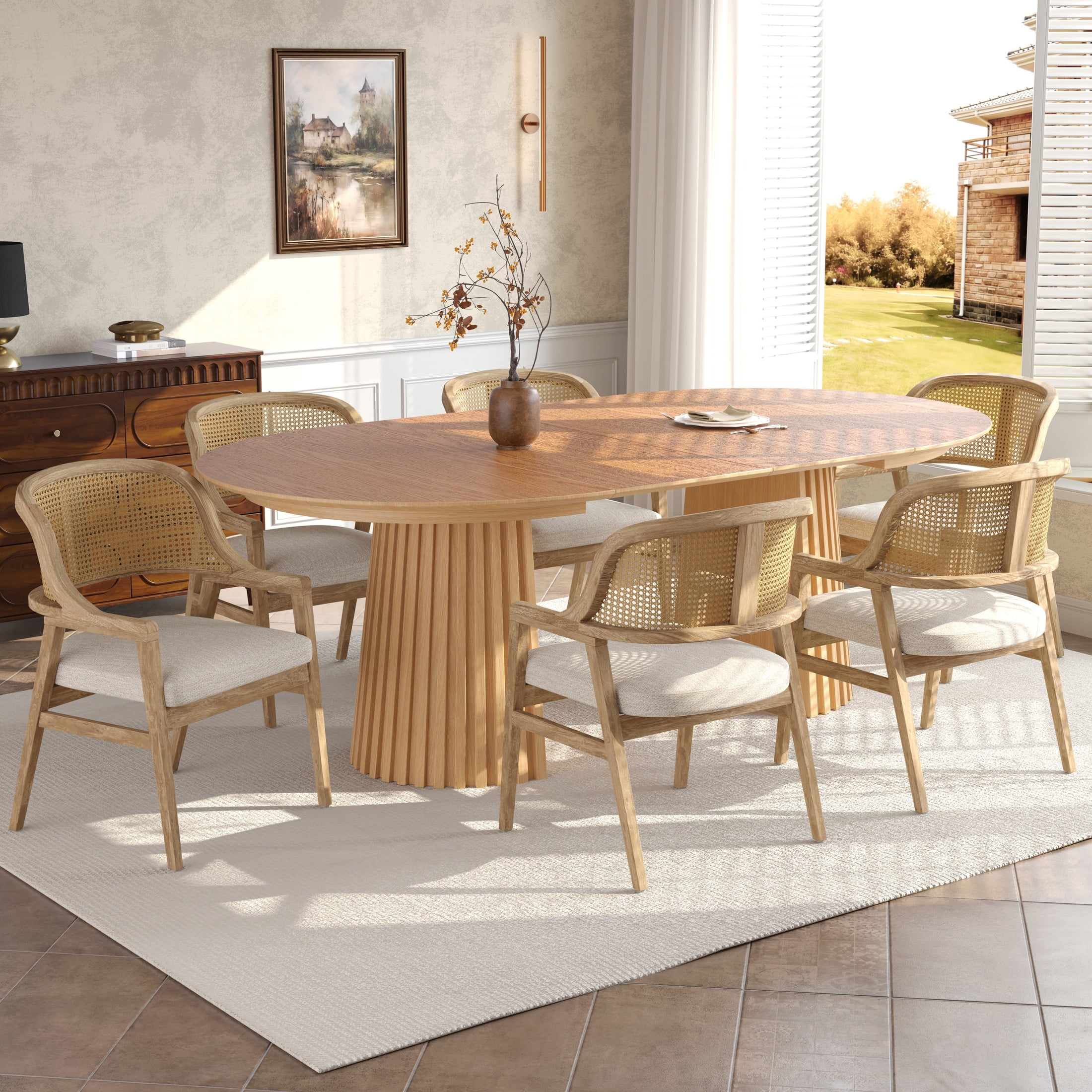 Christopher Knight Home 7-Piece Mid-Century Modern Extendable Dining Set with Beige Seat, Natural