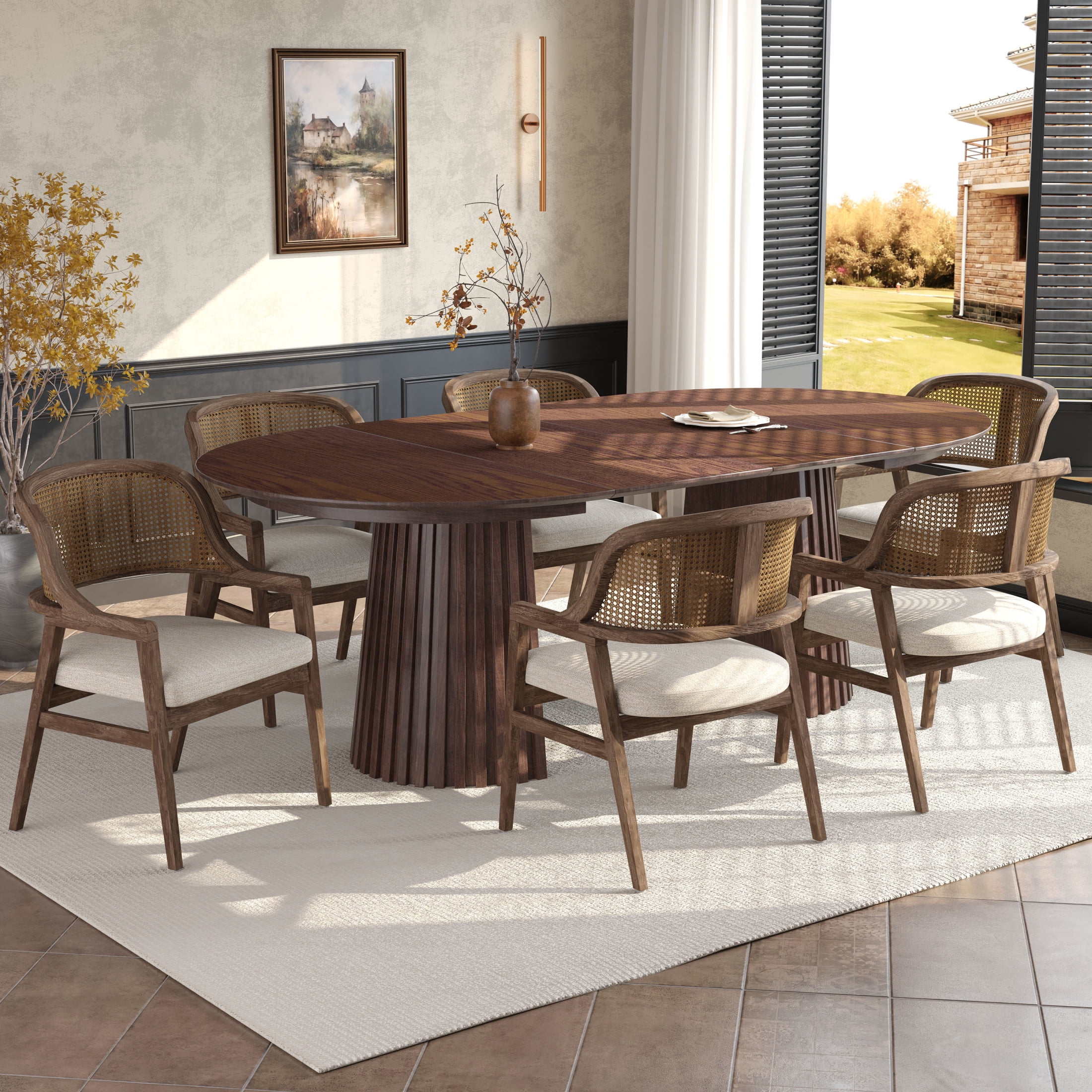 Christopher Knight Home 7-Piece Mid-Century Modern Extendable Dining Set with Beige Seat, Walnut