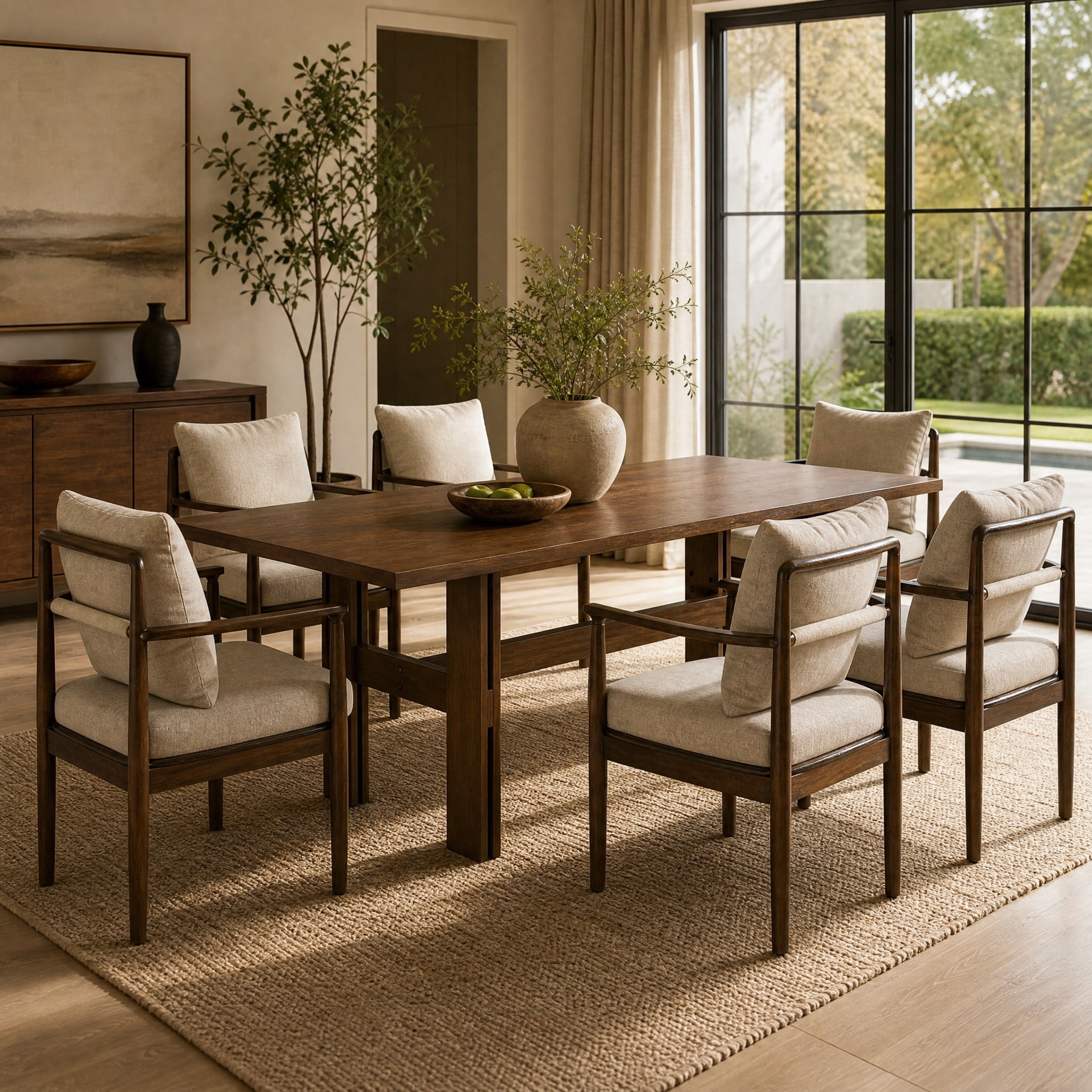 Christopher Knight Home 7-Piece Mid-Century Wood Dining Table with Upholstered Armchairs Set, Walnut+Beige