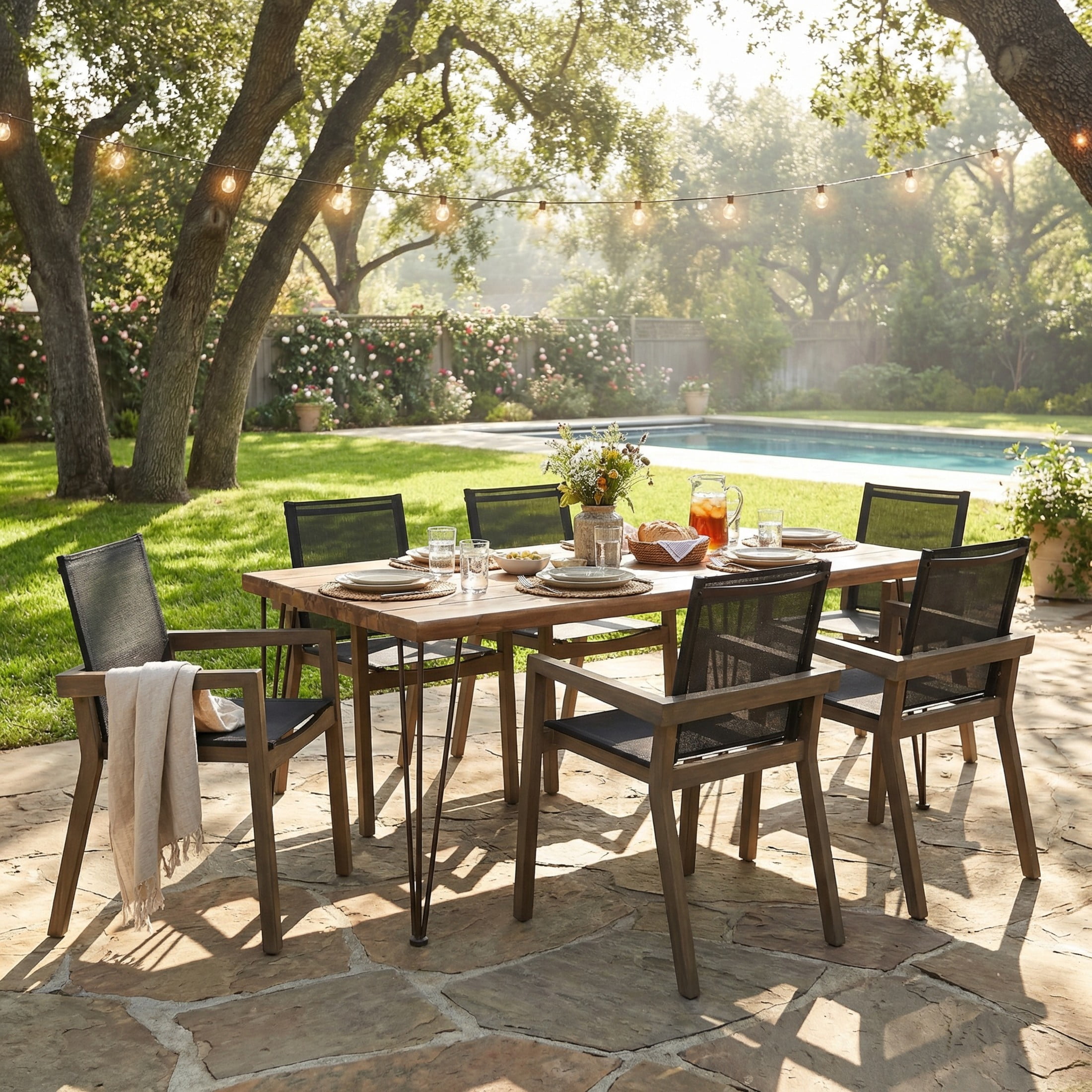 Christopher Knight Home 7-Piece Modern 72" Acacia Wood Outdoor Patio Dining Set, Gray+Black