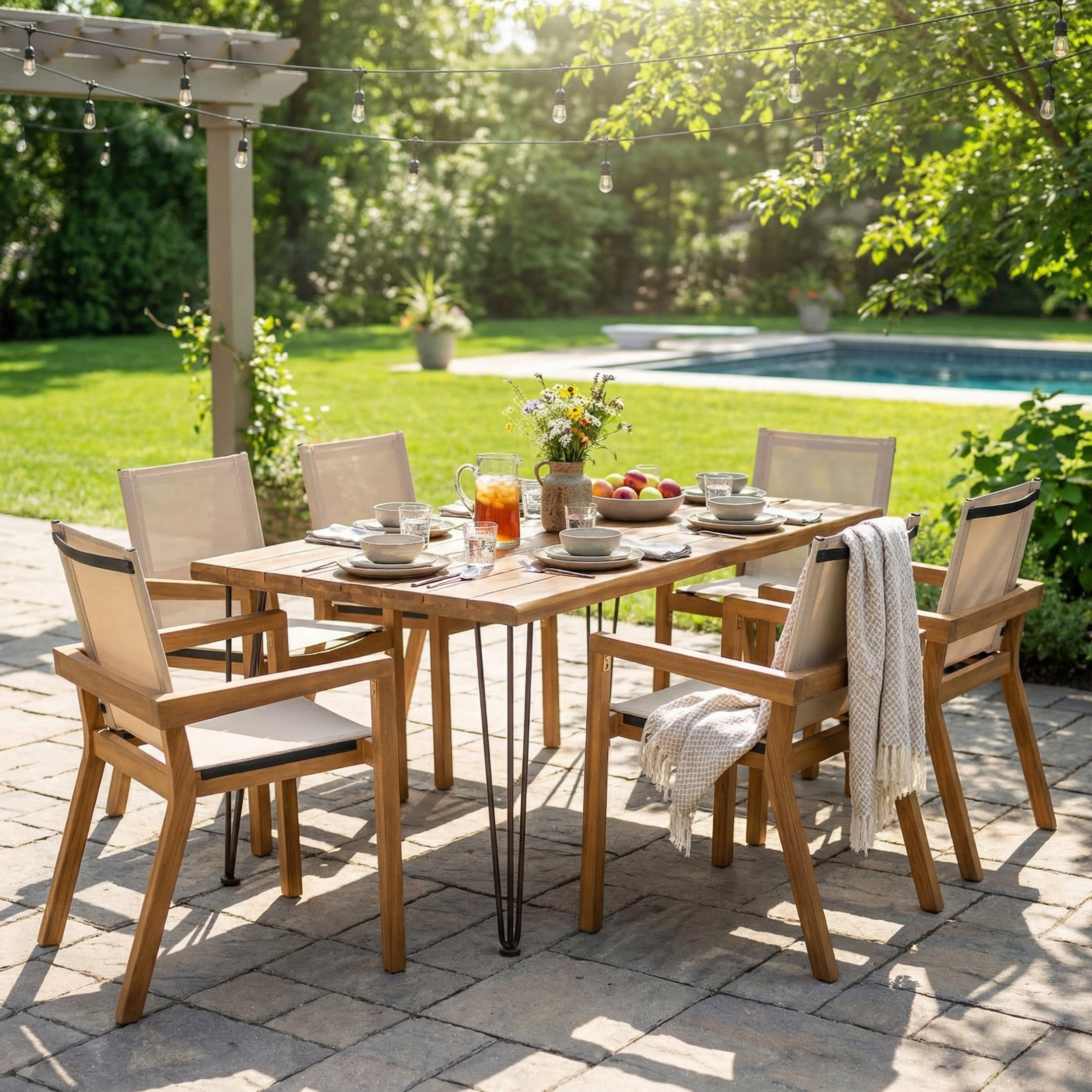 Christopher Knight Home 7-Piece Modern 72" Acacia Wood Outdoor Patio Dining Set, Teak+Beige