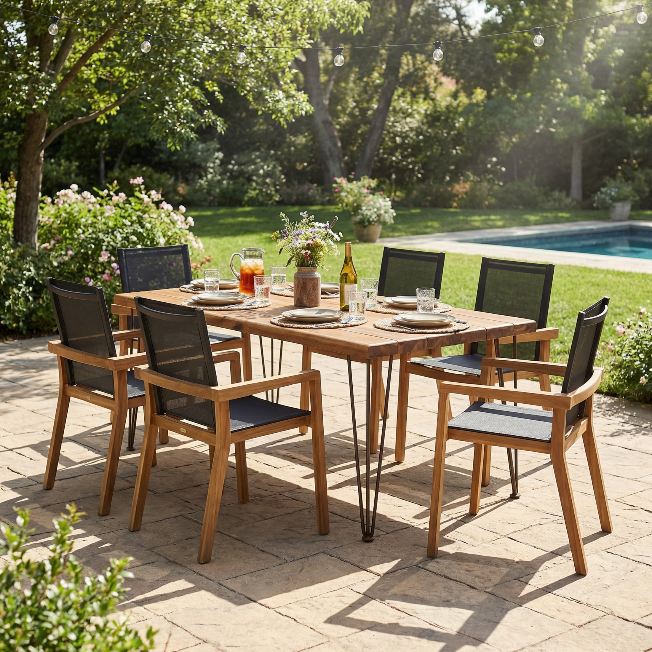 Christopher Knight Home 7-Piece Modern 72" Acacia Wood Outdoor Patio Dining Set, Teak+Black