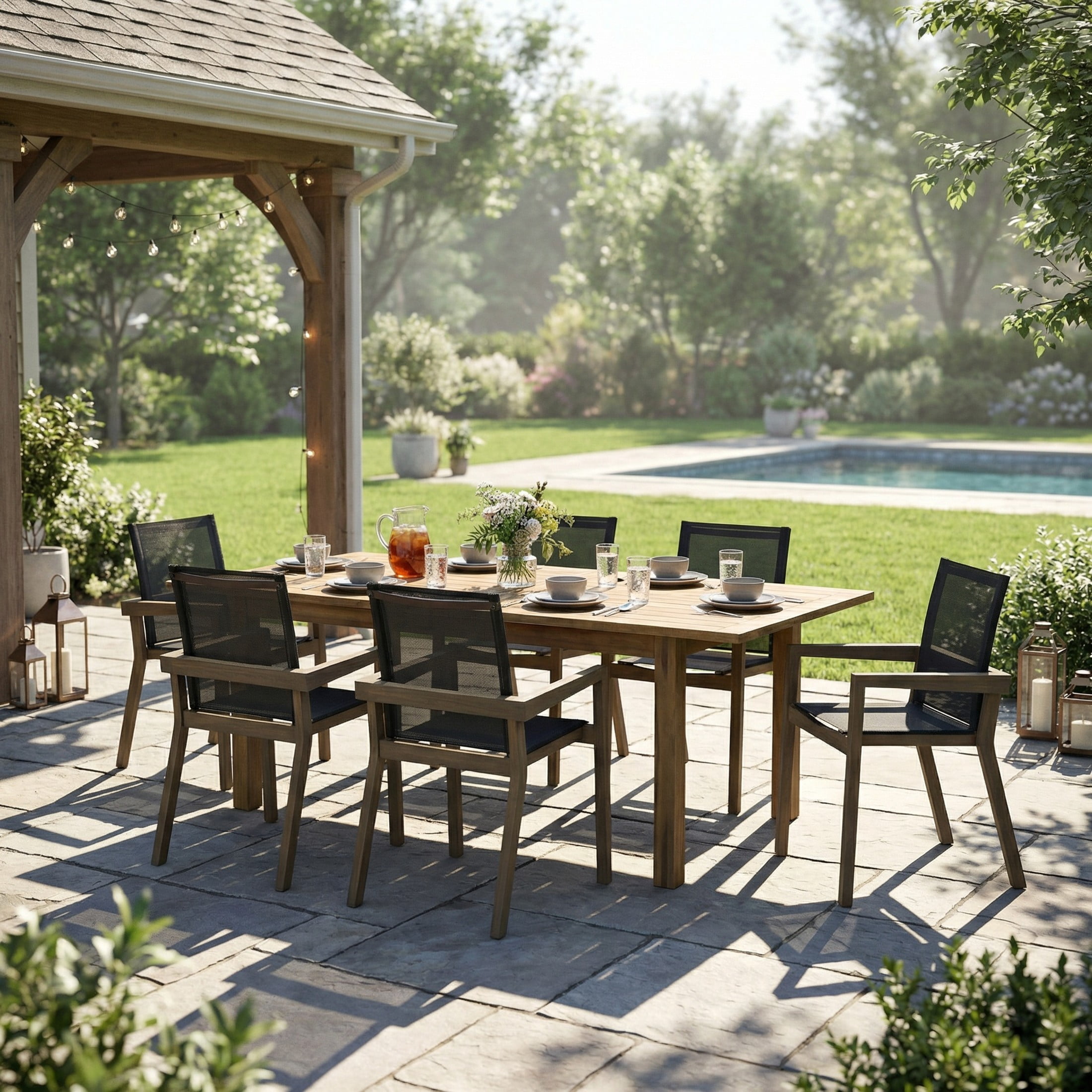 Christopher Knight Home 7-Piece Modern 87.5" Acacia Wood Outdoor Expandable Dining Set, Gray+Black