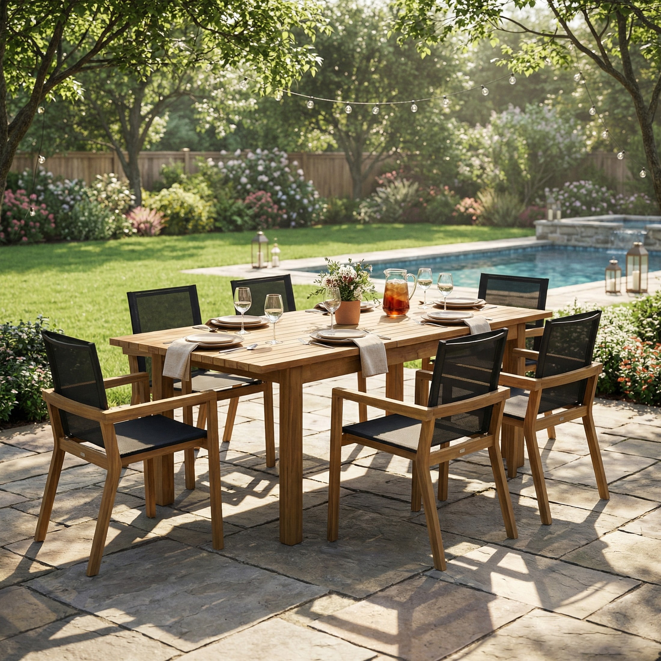 Christopher Knight Home 7-Piece Modern 87.5" Acacia Wood Outdoor Expandable Dining Set, Teak+Black