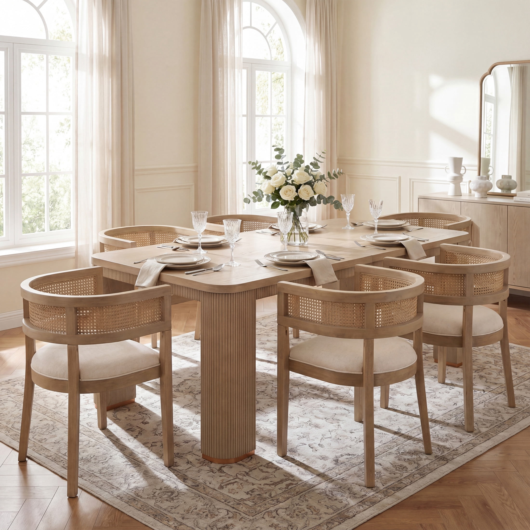 Christopher Knight Home 7-Piece Modern 90" Dining Table with Upholstered Rattan Back Chairs, Light Ash