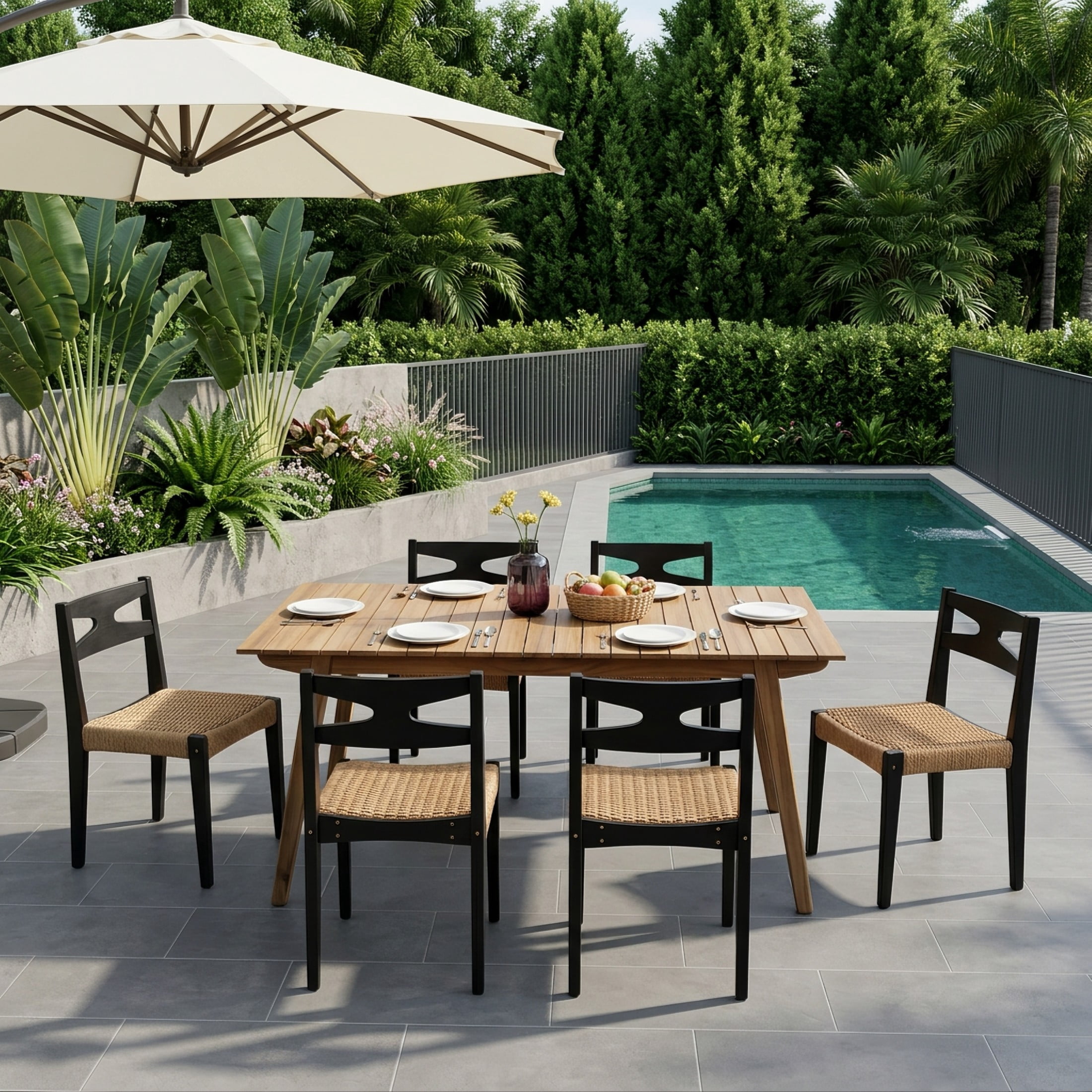 Christopher Knight Home 7-Piece Modern Acacia Wood Outdoor Dining Set with 68.5" Table, Teak+Black