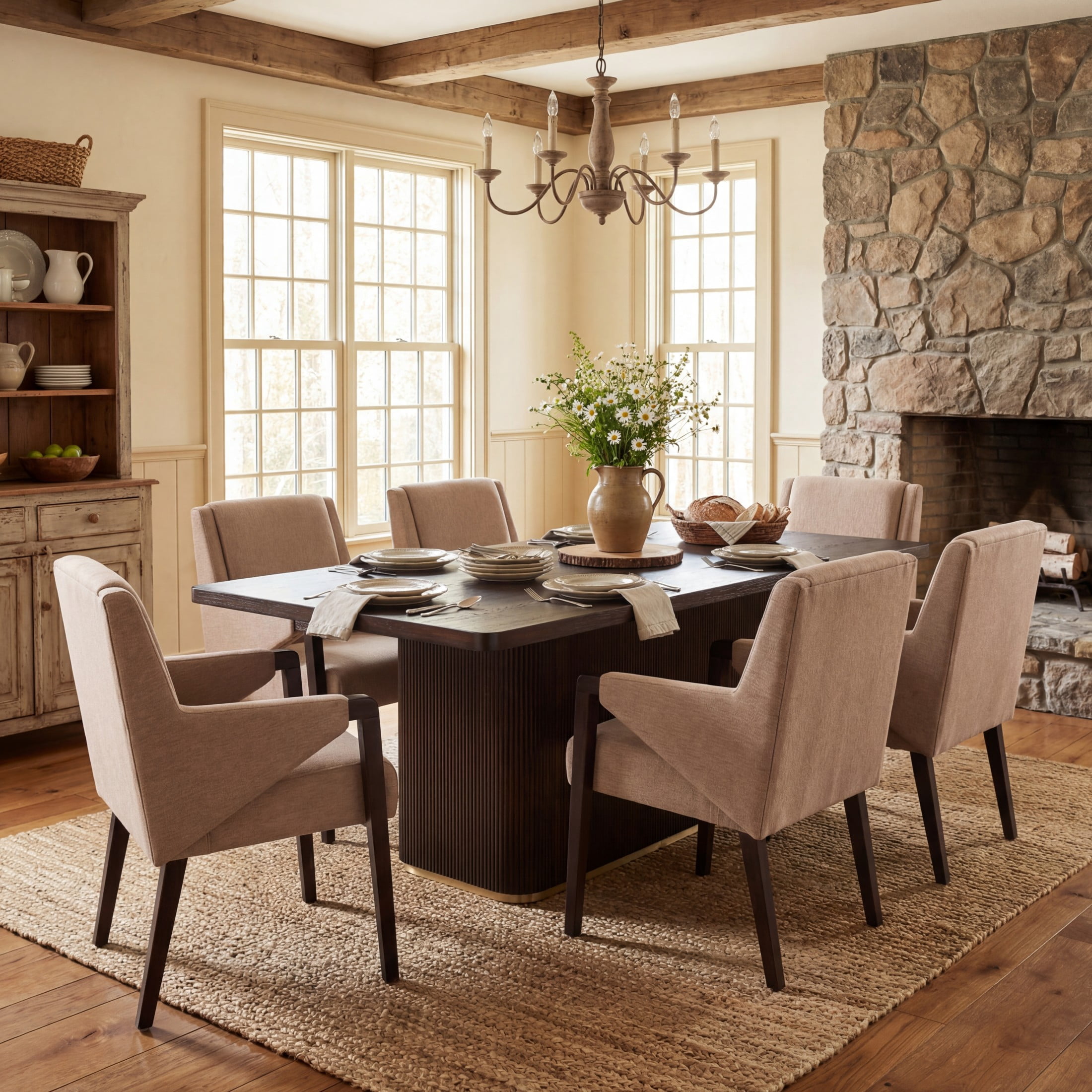 Christopher Knight Home 7-Piece Modern Dark Brown Dining Rectangular Table and Light Brown Upholstered Chairs