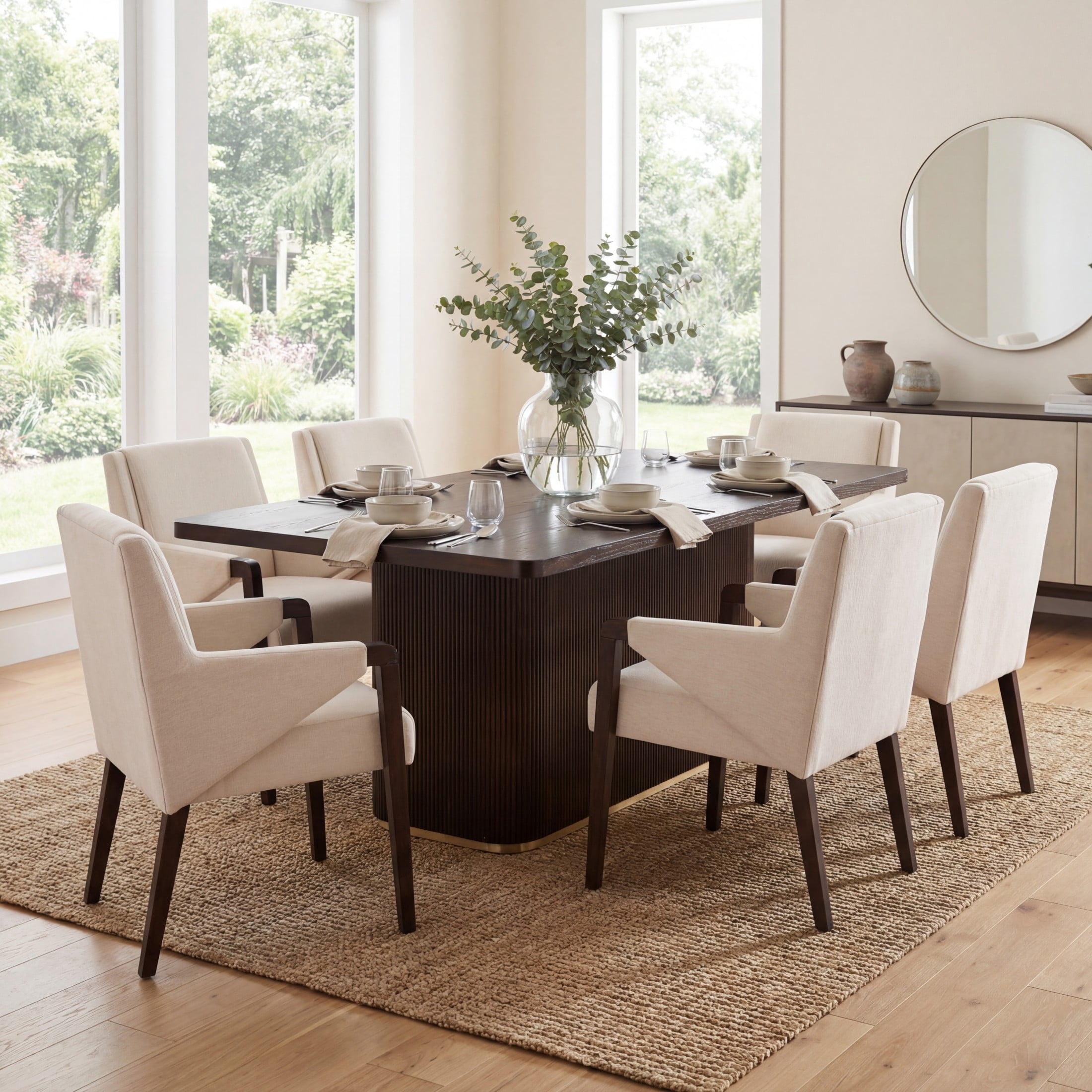 Christopher Knight Home 7-Piece Modern Dark Brown Dining Rectangular Table and Linen Upholstered Chairs