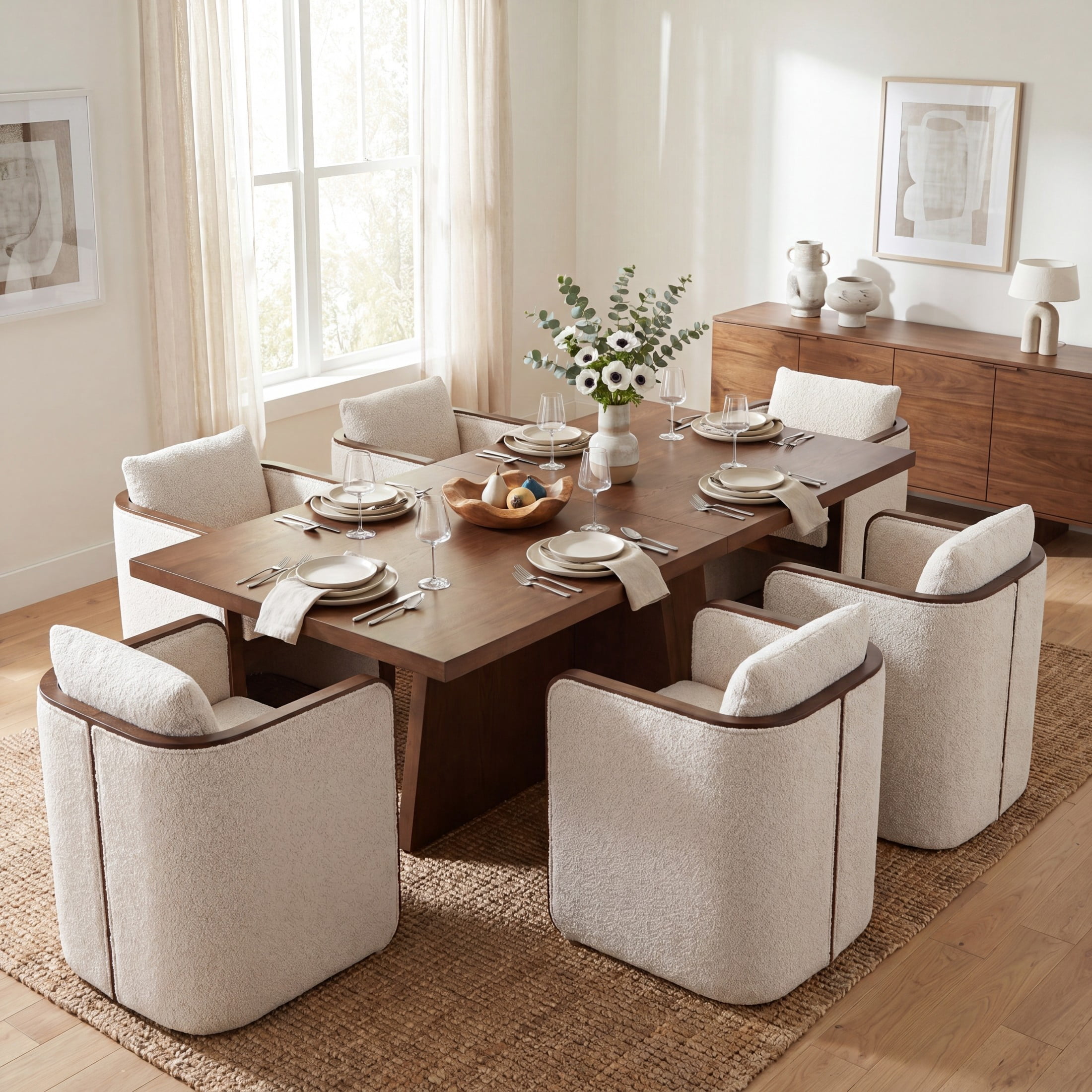 Christopher Knight Home 7-Piece Modern Dining Set, 84" Table and Almond Upholstered Armchairs, Walnut