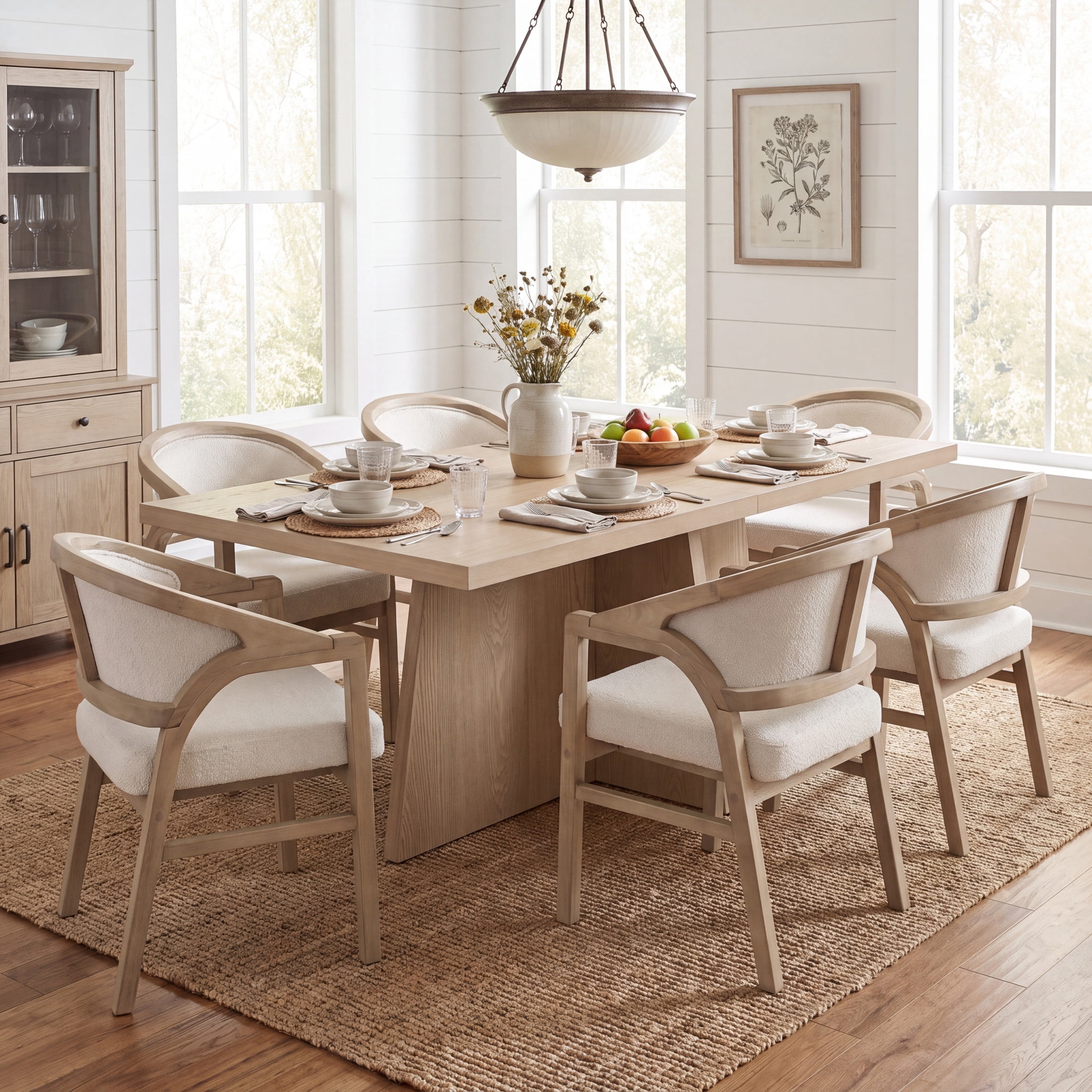 Christopher Knight Home 7-Piece Modern Dining Set, 84" Table with Upholstered Chairs, Light Ash+Beige