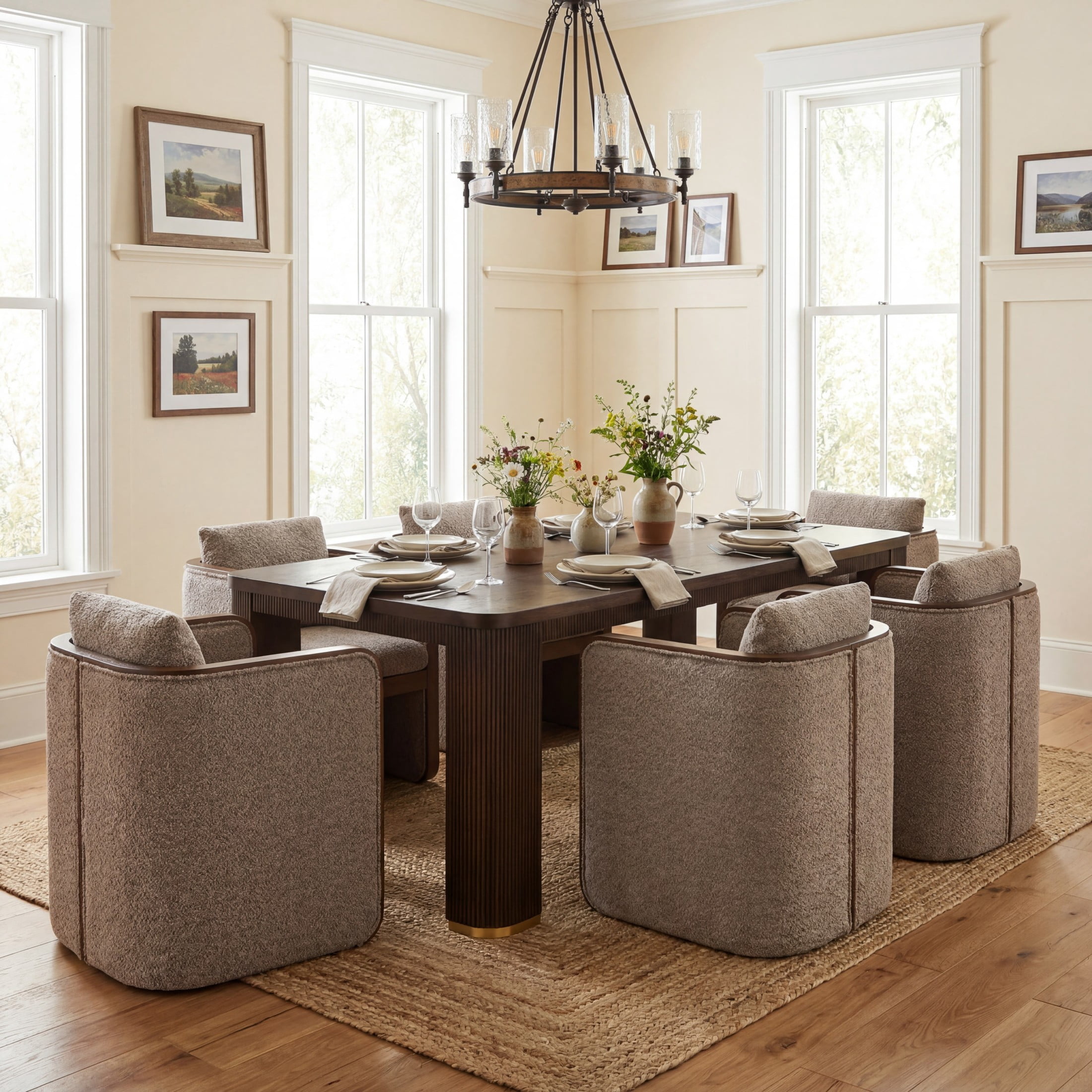 Christopher Knight Home 7-Piece Modern Dining Set, 90" Table with 6 Upholstered Armchairs, Espresso+Walnut+Taupe