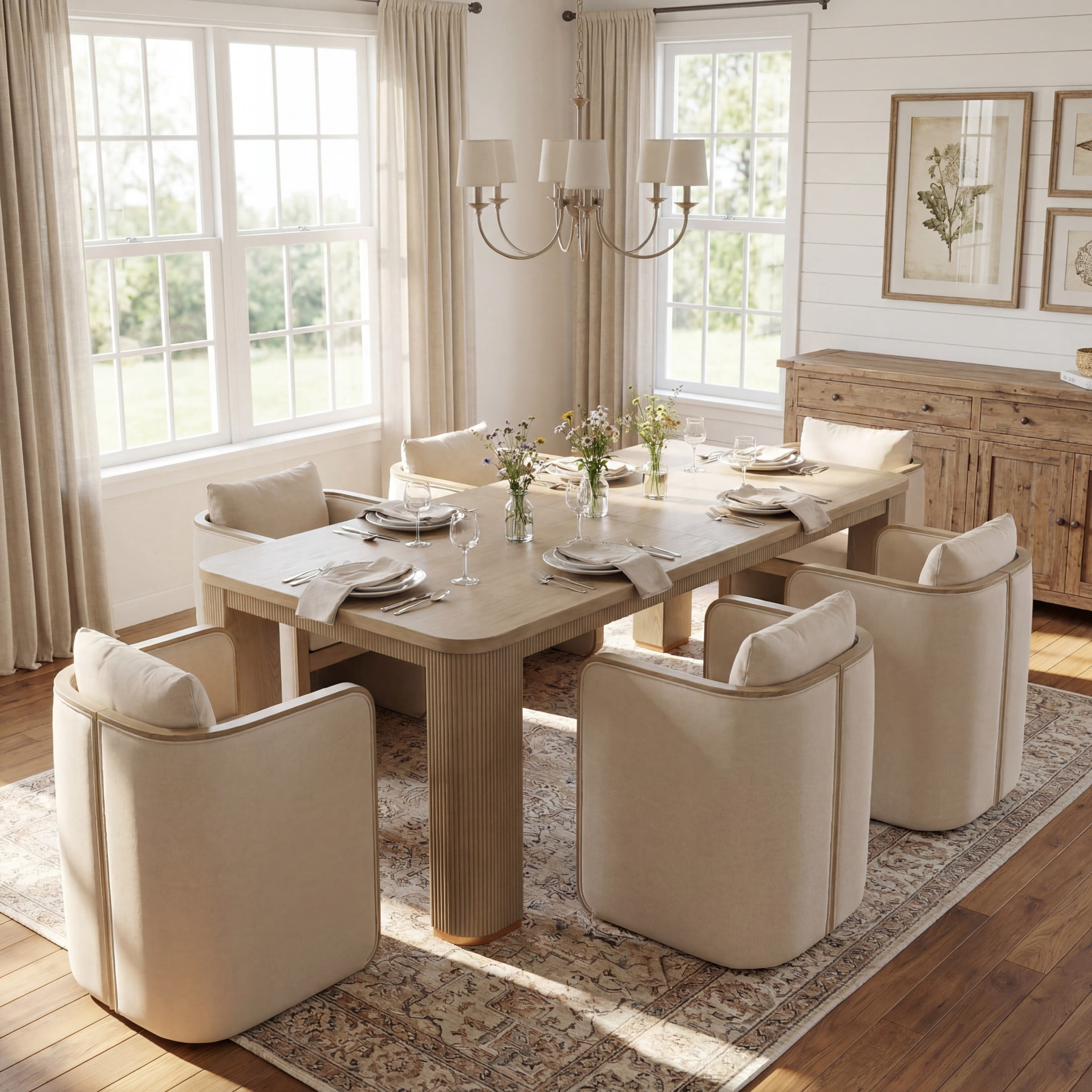 Christopher Knight Home 7-Piece Modern Dining Set, 90" Table with 6 Upholstered Armchairs, Light Ash+Beige