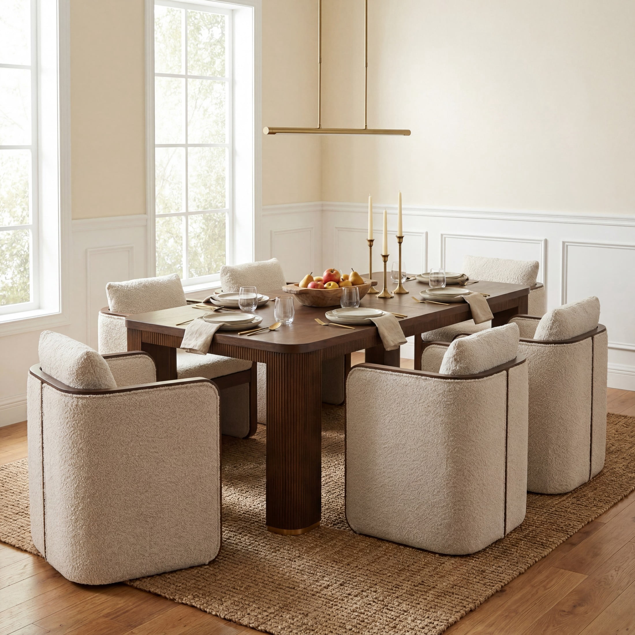 Christopher Knight Home 7-Piece Modern Dining Set, 90" Table with 6 Upholstered Armchairs, Walnut+Almond