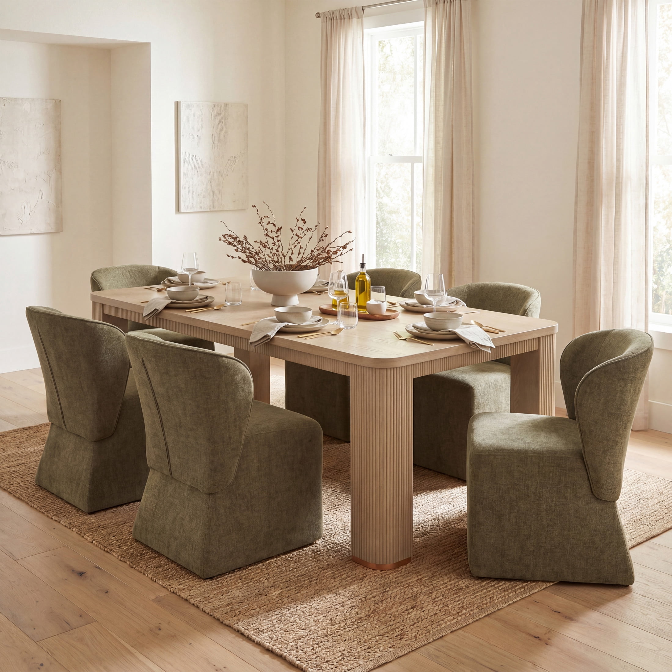 Christopher Knight Home 7-Piece Modern Dining Set, 90" Table with Upholstered Chairs, Light Ash+Olive Green