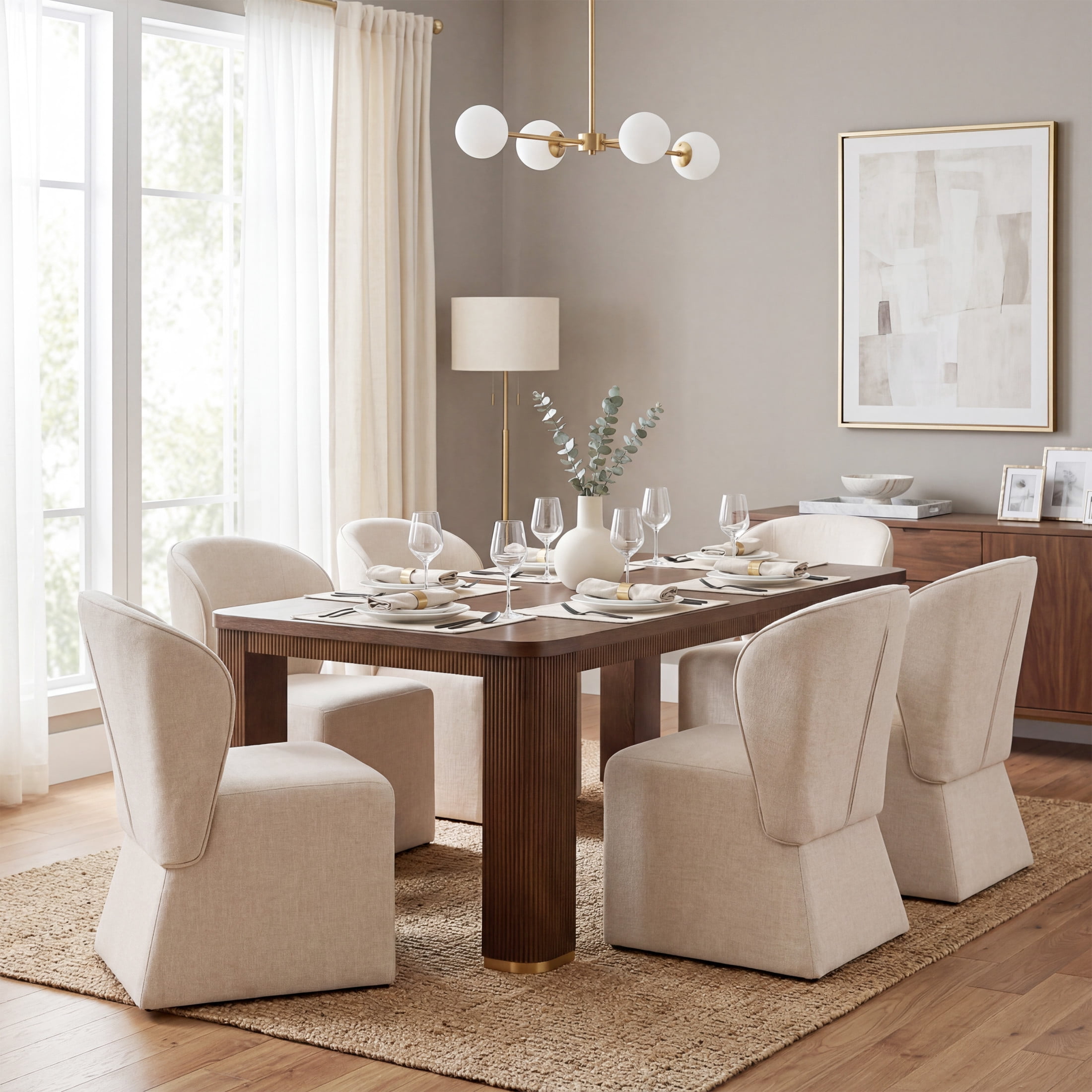 Christopher Knight Home 7-Piece Modern Dining Set, 90" Table with Upholstered Chairs, Walnut+Beige