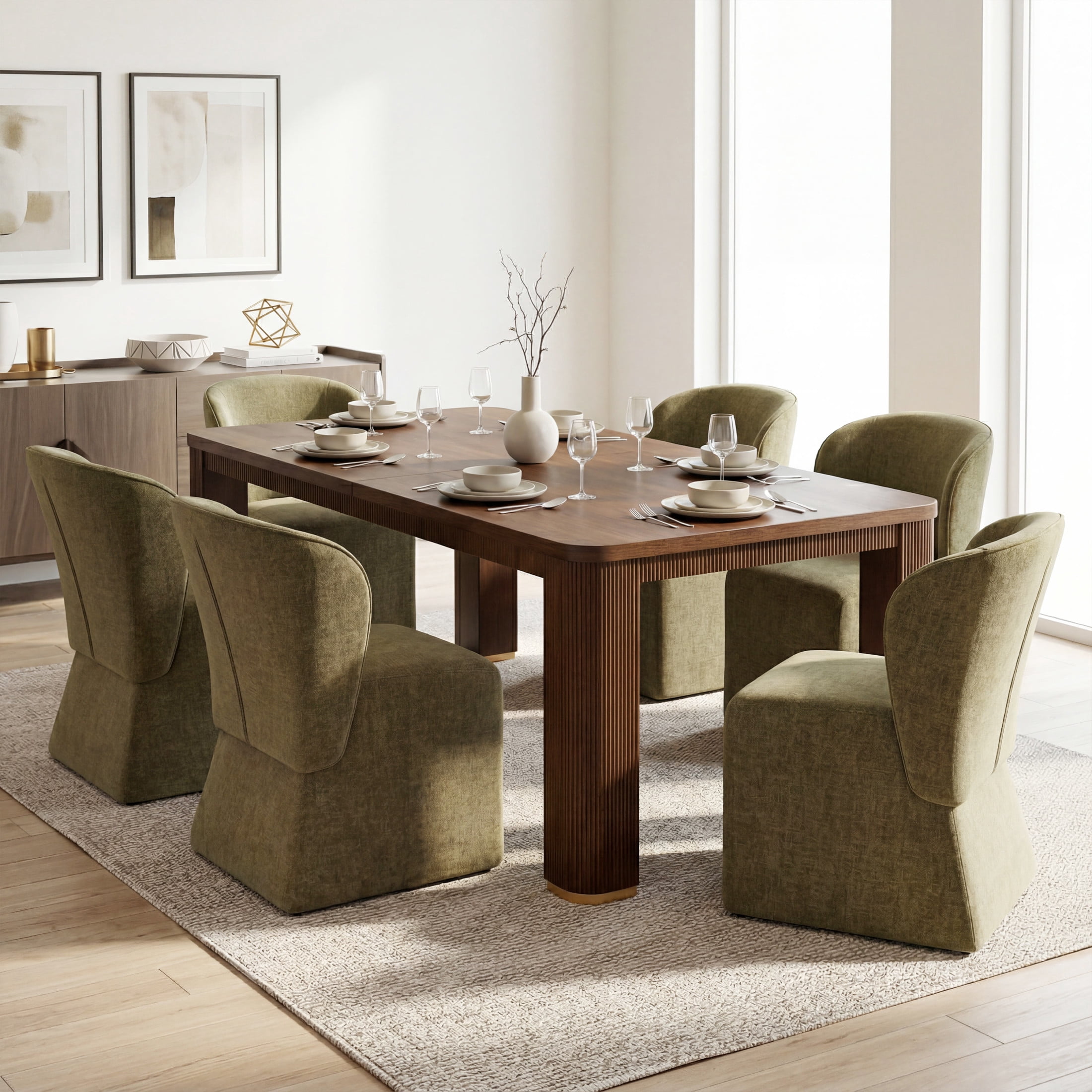 Christopher Knight Home 7-Piece Modern Dining Set, 90" Table with Upholstered Chairs, Walnut+Olive Green