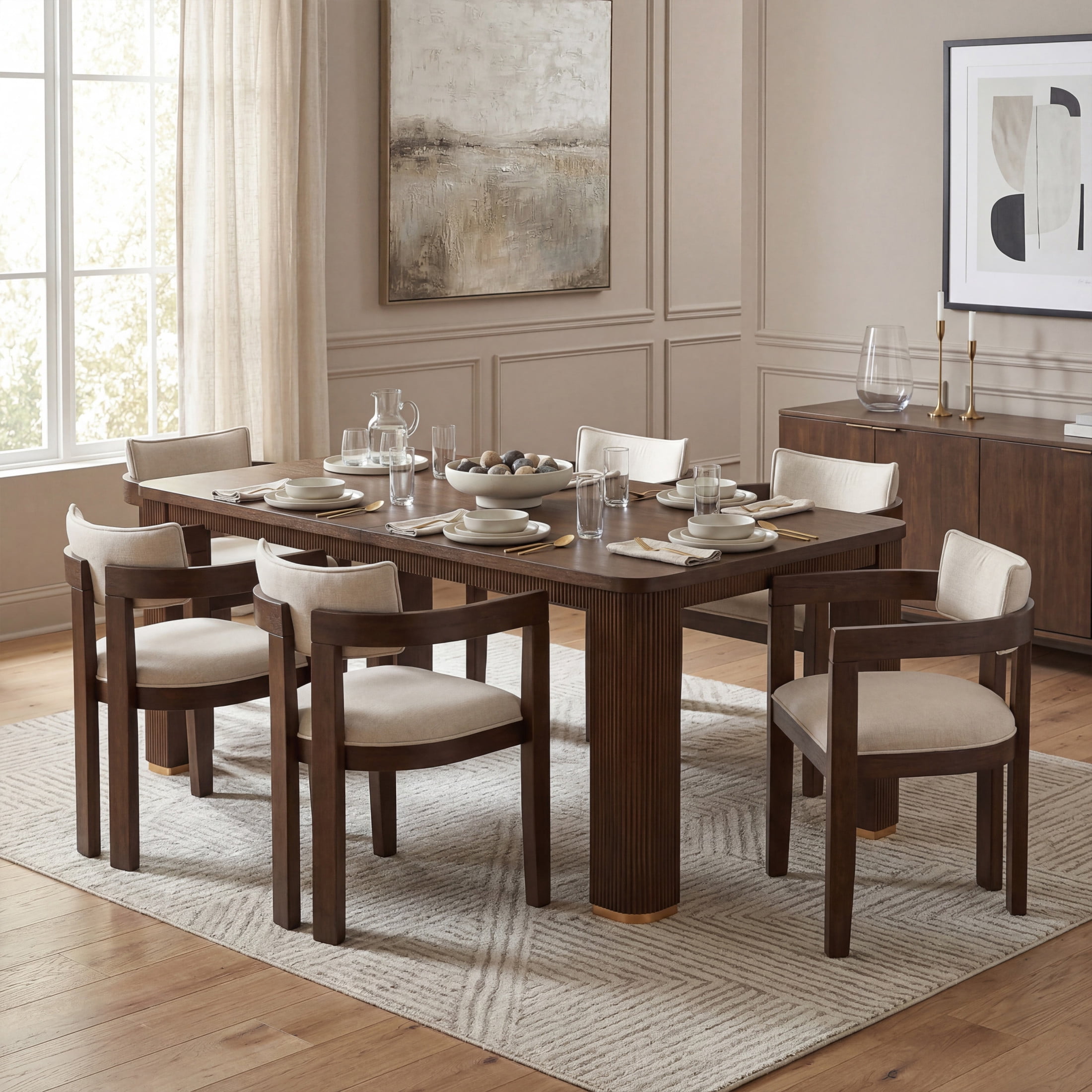 Christopher Knight Home 7-Piece Modern Dining Set, 90" Table with Upholstered Chairs for 6, Walnut