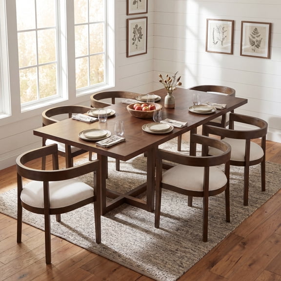 Christopher Knight Home 7-Piece Modern Dining Set, 95" Table with Upholstered Arm Chairs, Walnut+Beige
