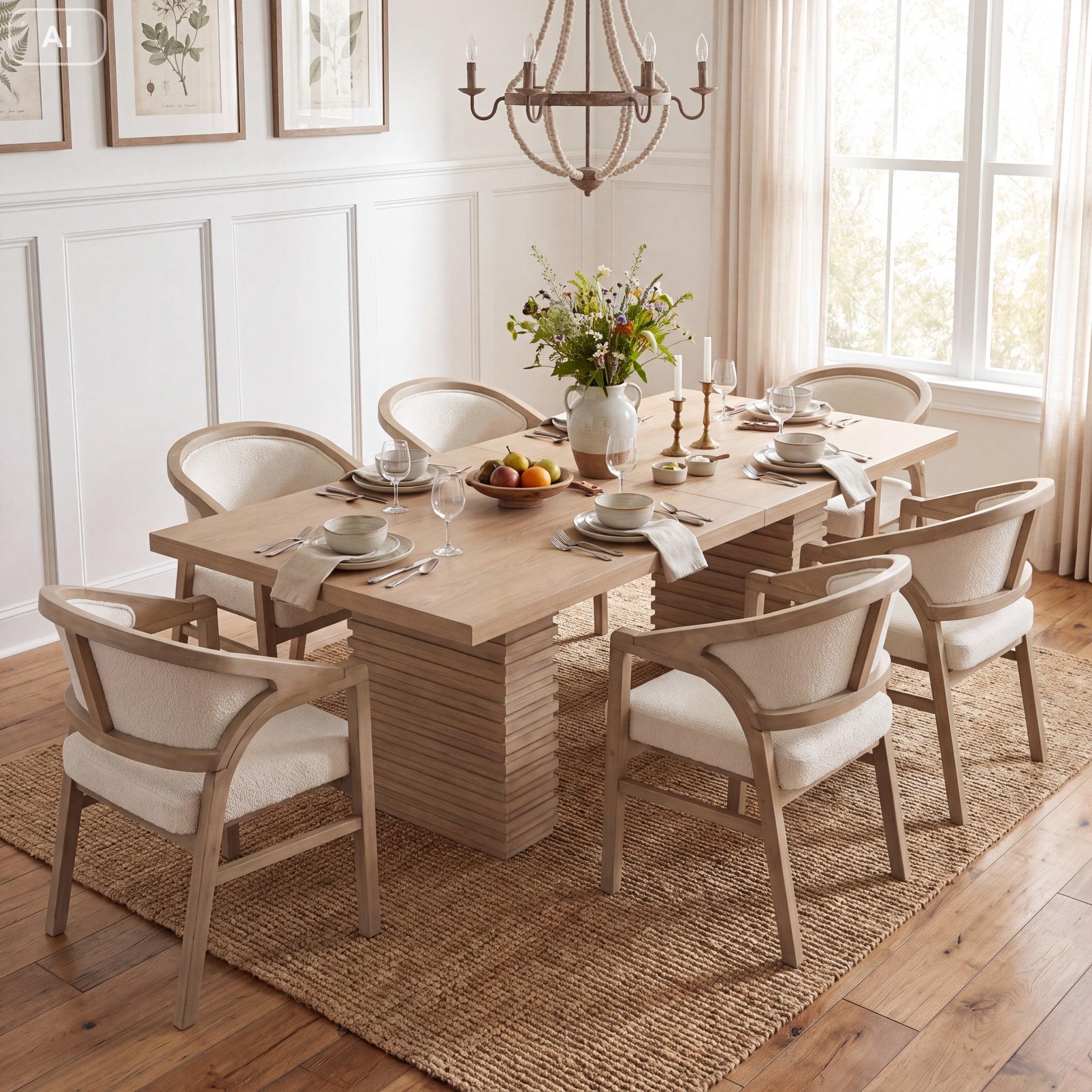 Christopher Knight Home 7-Piece Modern Dining Set, 95" Wood Table with Upholstered Chairs, Light Ash+Beige