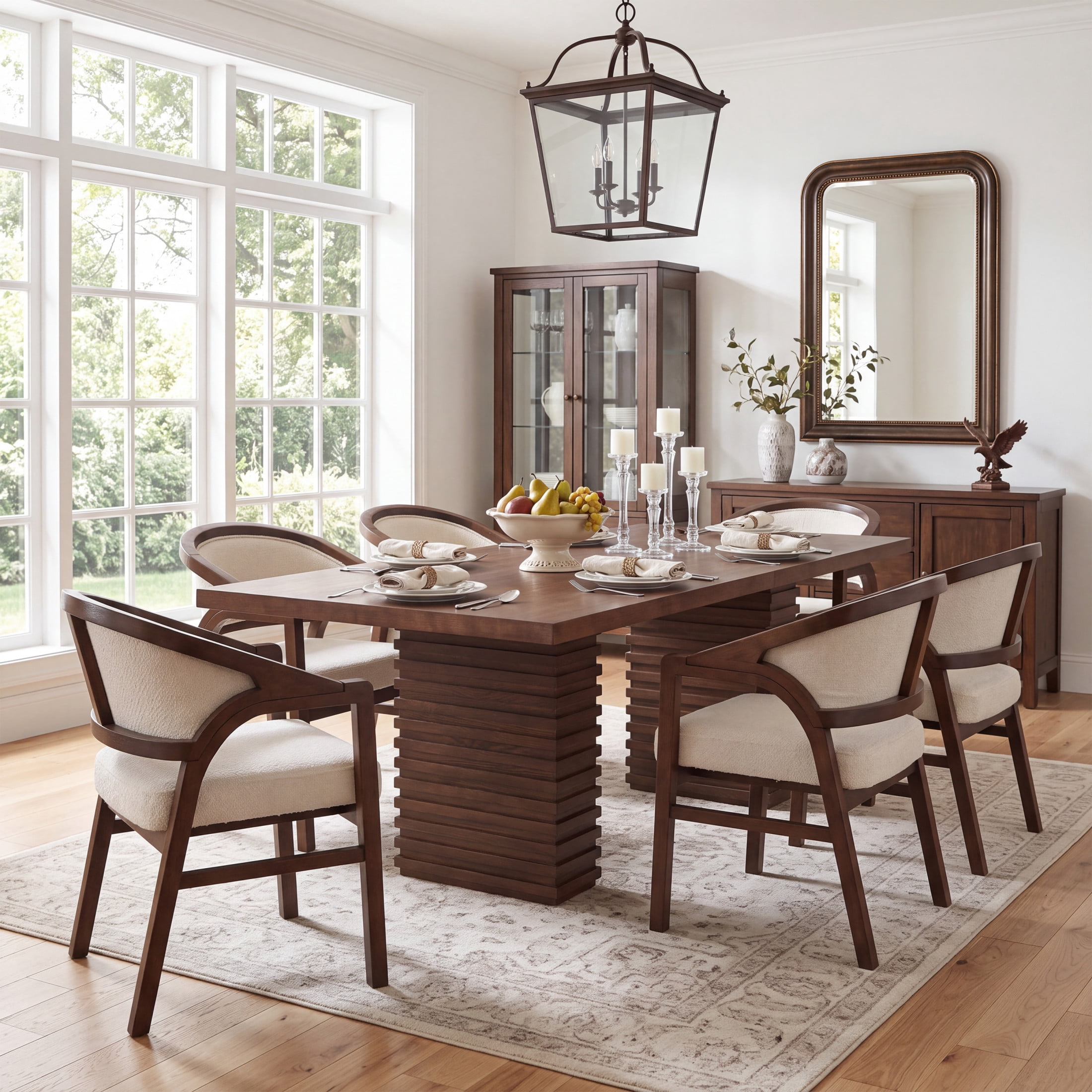 Christopher Knight Home 7-Piece Modern Dining Set, 95" Wood Table with Upholstered Chairs, Walnut+Beige