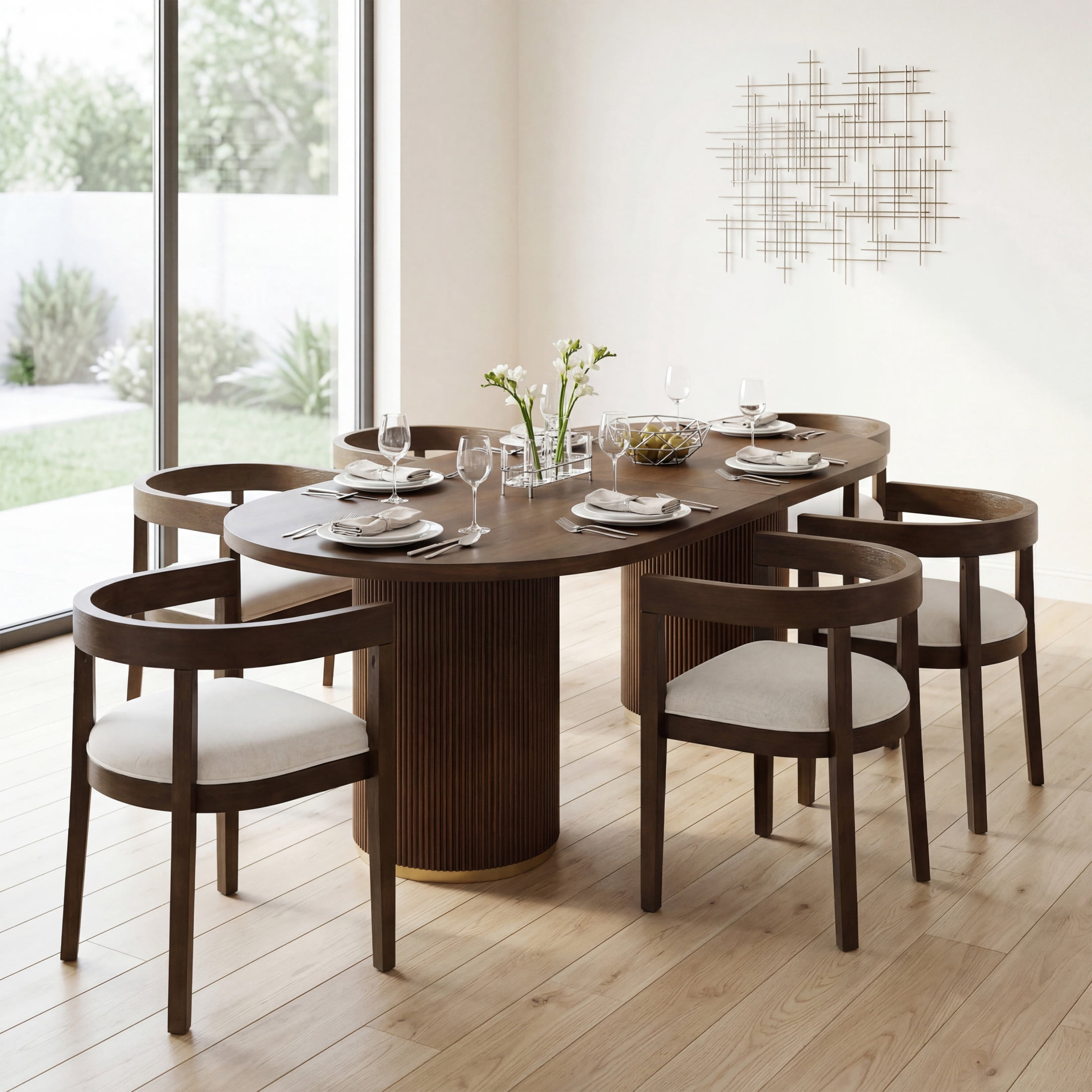 Christopher Knight Home 7-Piece Modern Dining Set, Oval Table with Upholstered Armchairs, Walnut