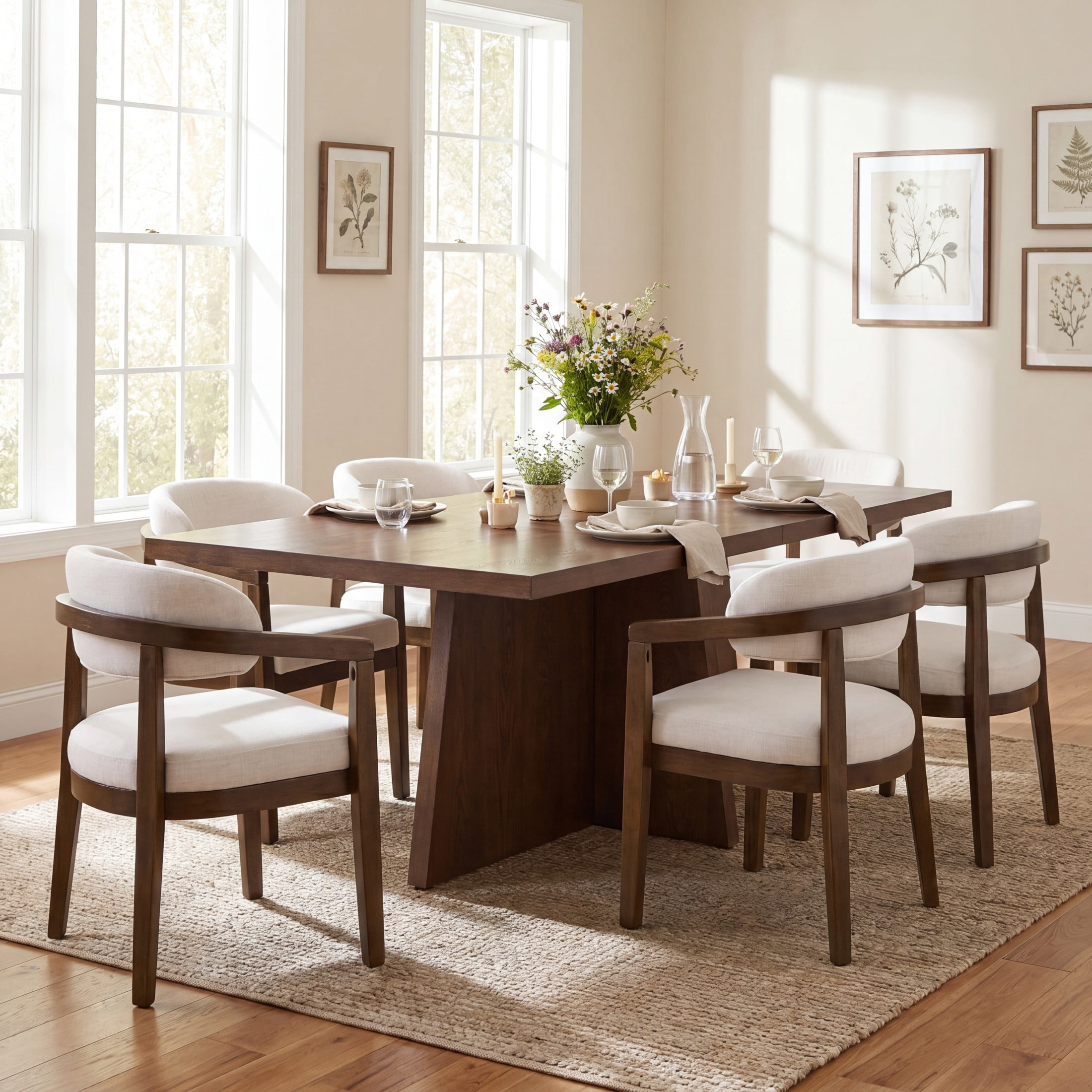 Christopher Knight Home 7-Piece Modern Dining Set, Rectangle Table and Upholstered Curved Chairs, Walnut+Beige