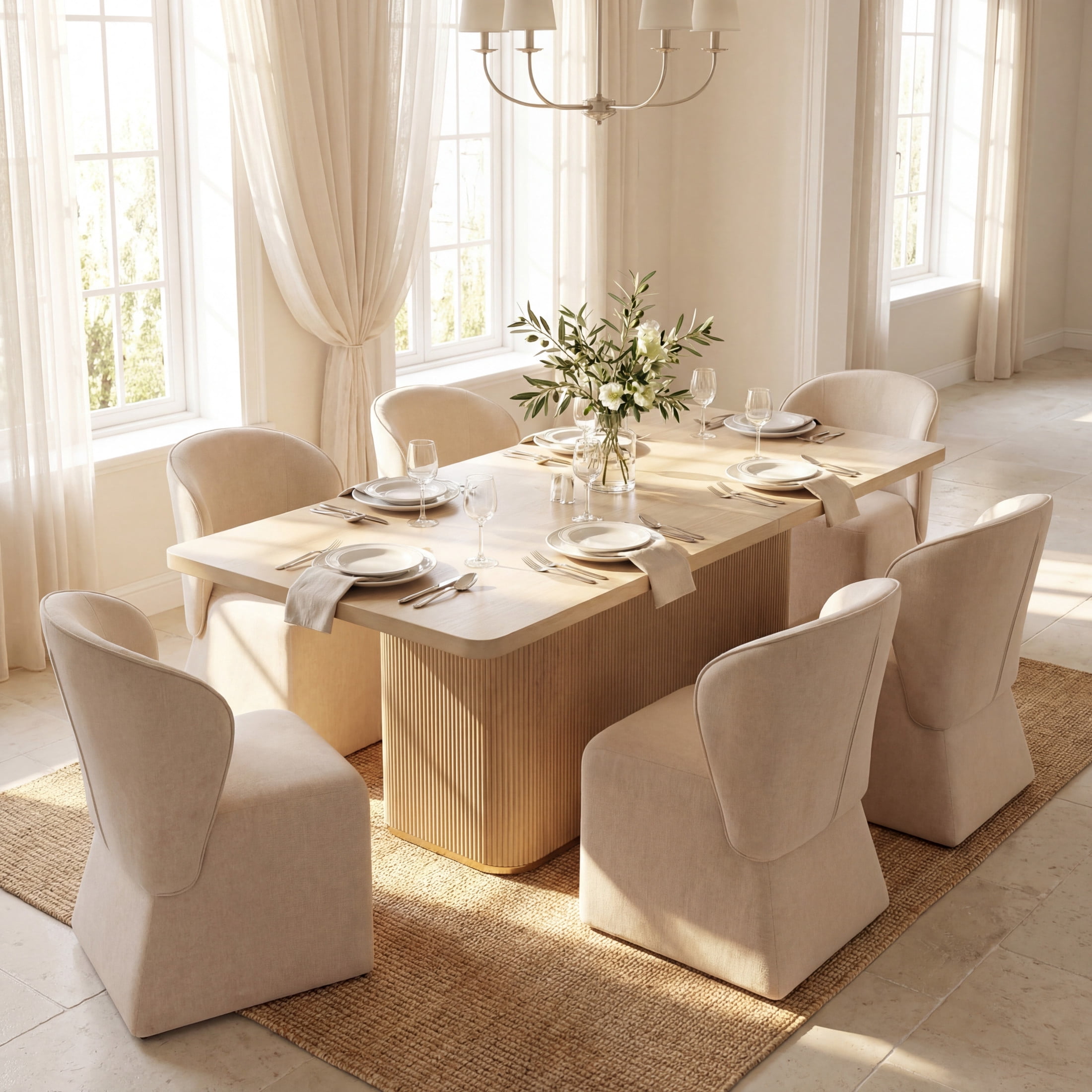Christopher Knight Home 7-Piece Modern Dining Set, Rectangle Table with Upholstered Chairs, Natural+Beige