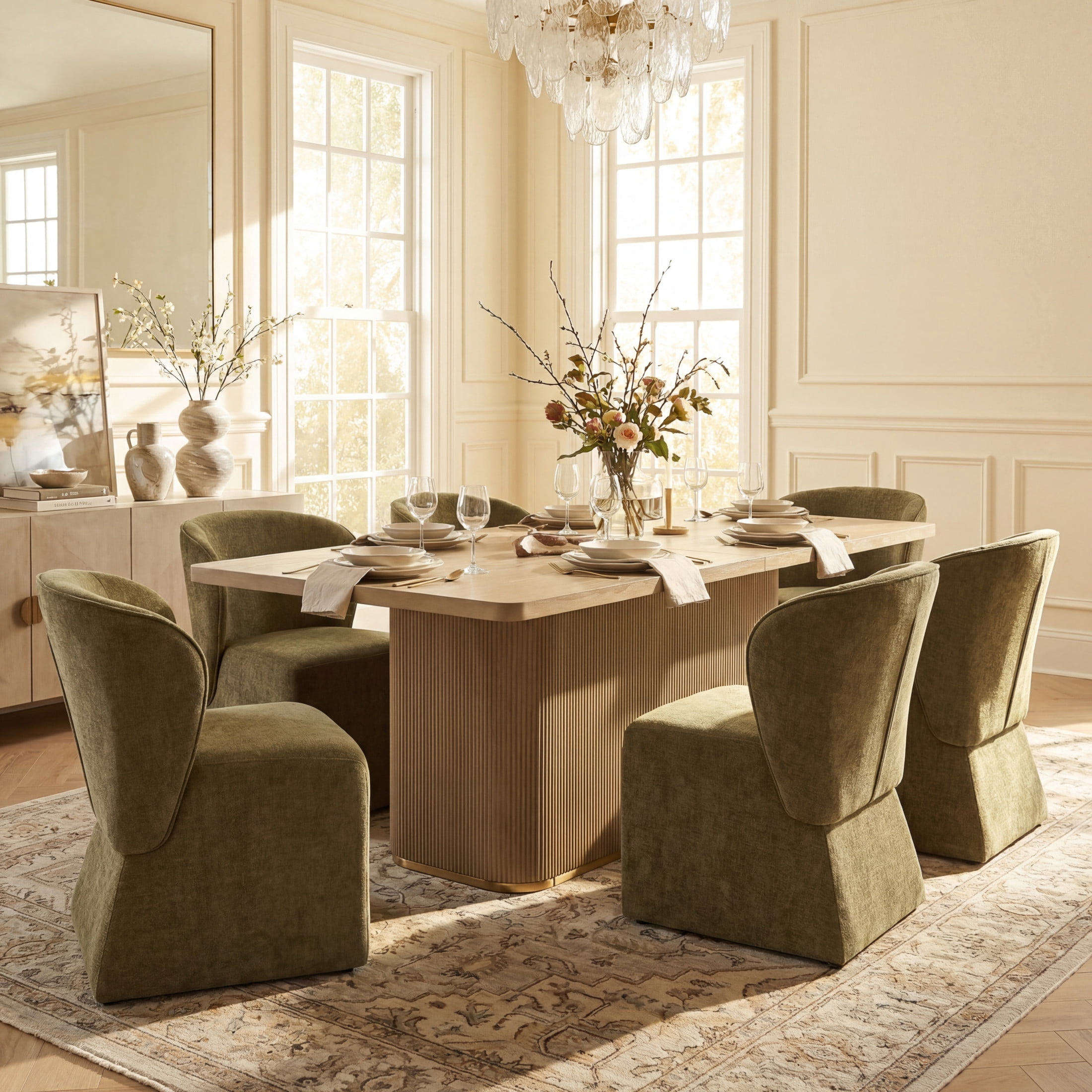 Christopher Knight Home 7-Piece Modern Dining Set, Rectangle Table with Upholstered Chairs, Natural+Olive Green
