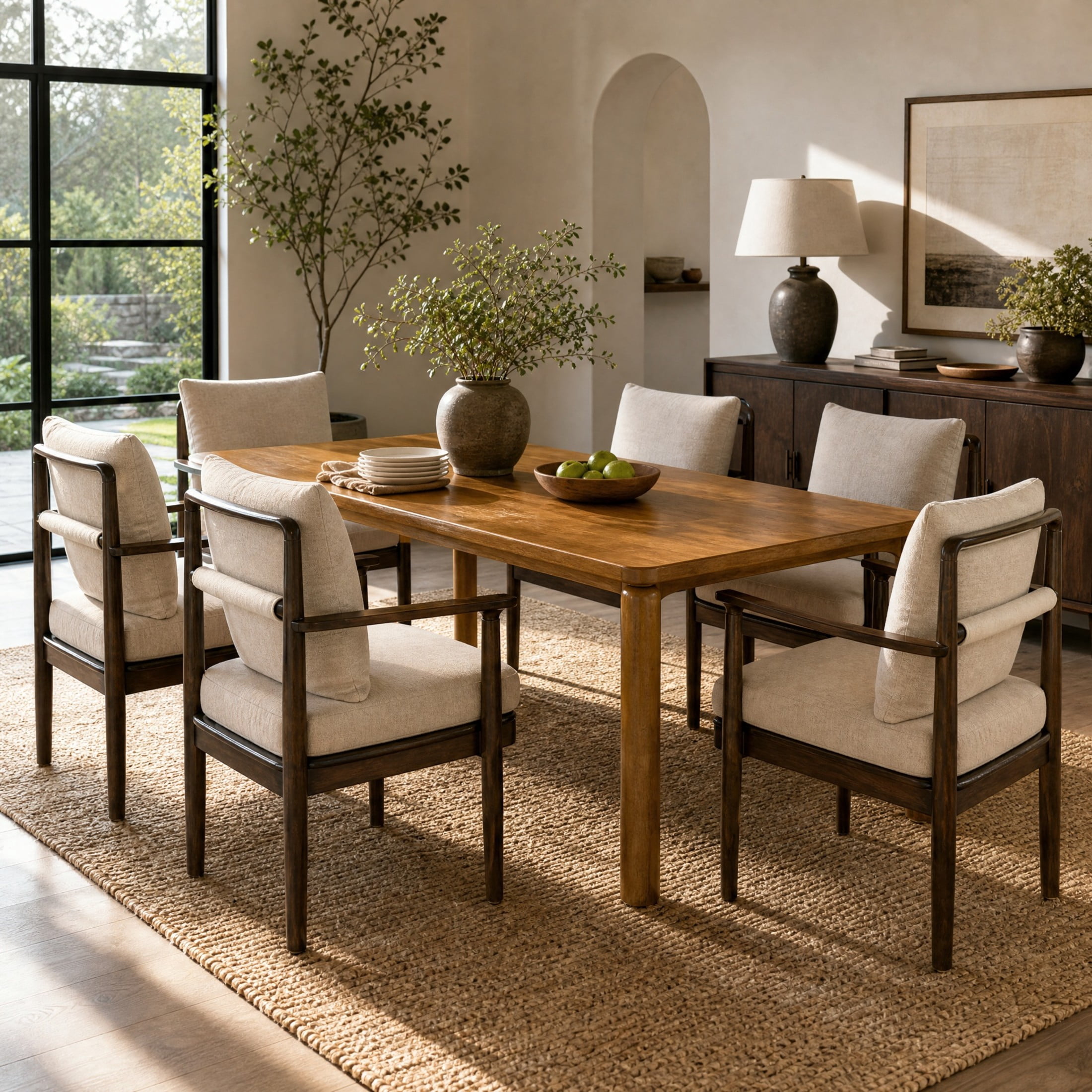 Christopher Knight Home 7-Piece Modern Dining Set, Rectangle Wood Table and Cushioned Chairs, Walnut+Beige