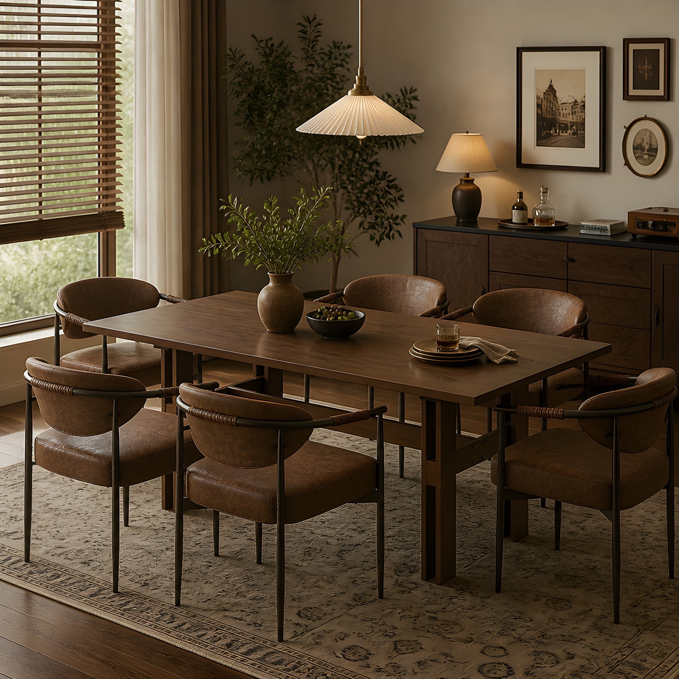 Christopher Knight Home 7-Piece Modern Dining Set, Rectangular Table with PU Leather Armchairs, Walnut+Brown