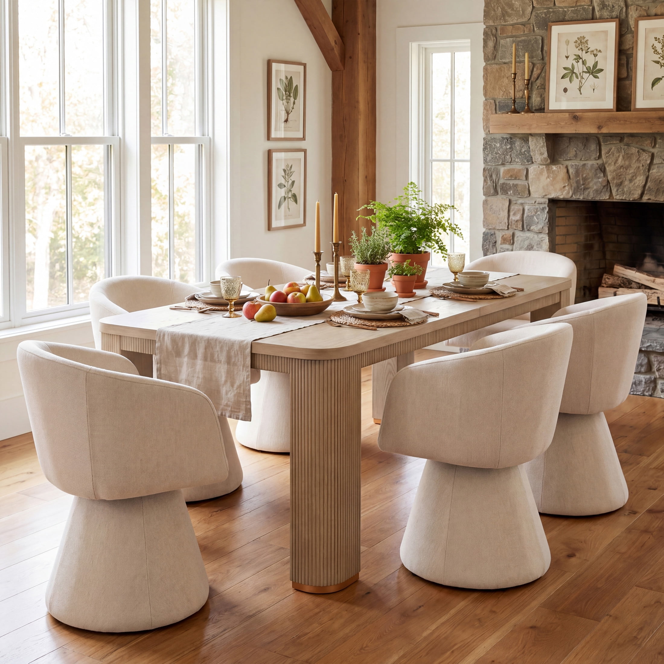 Christopher Knight Home 7-Piece Modern Dining Set, Swivel Upholstered Chairs and 90" Table, Light Ash+Beige