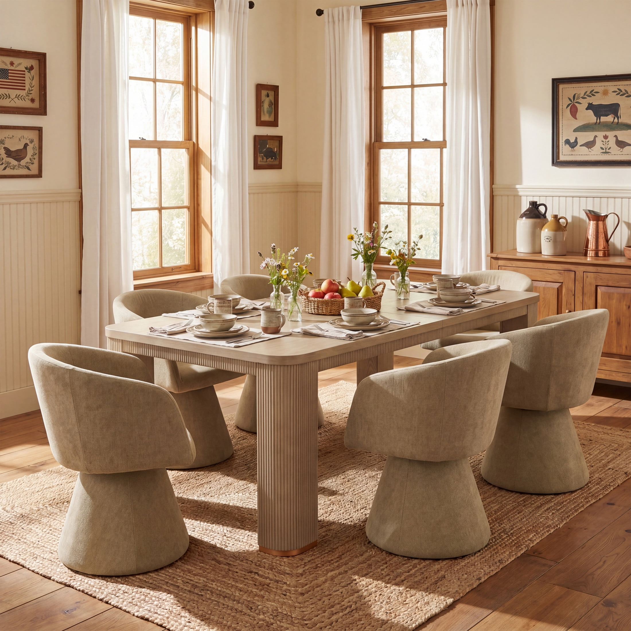 Christopher Knight Home 7-Piece Modern Dining Set, Swivel Upholstered Chairs and 90" Table, Light Ash+Moss Green