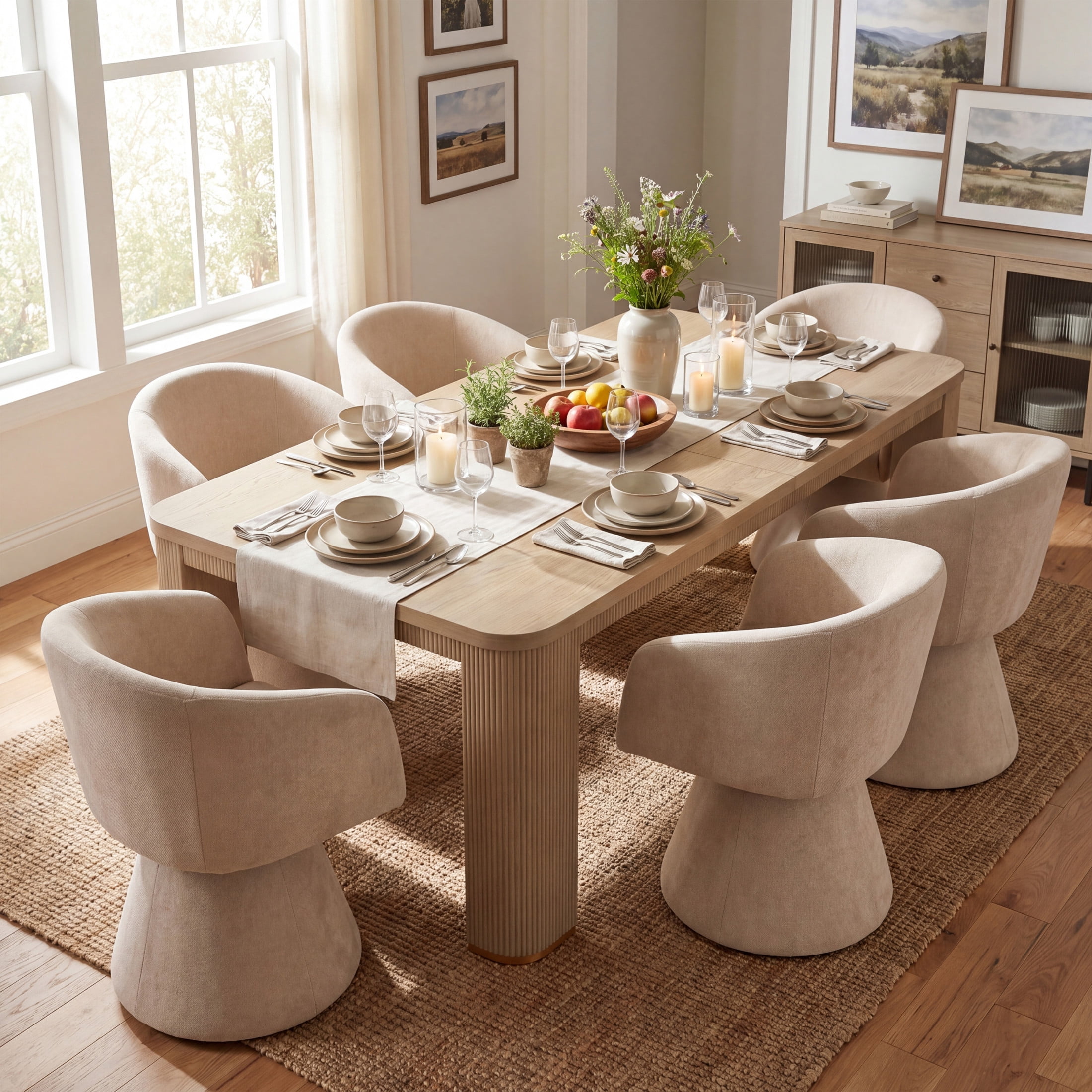 Christopher Knight Home 7-Piece Modern Dining Set, Swivel Upholstered Chairs and 90" Table, Light Ash+Oatmeal