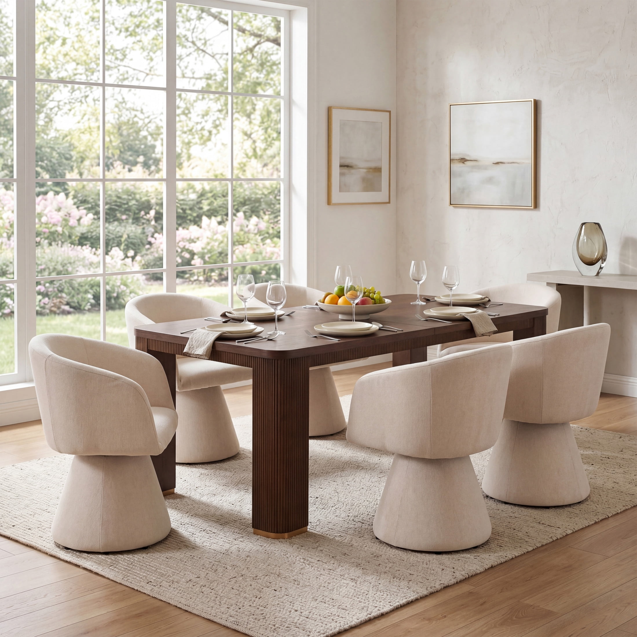 Christopher Knight Home 7-Piece Modern Dining Set, Swivel Upholstered Chairs and 90" Table, Walnut+Beige