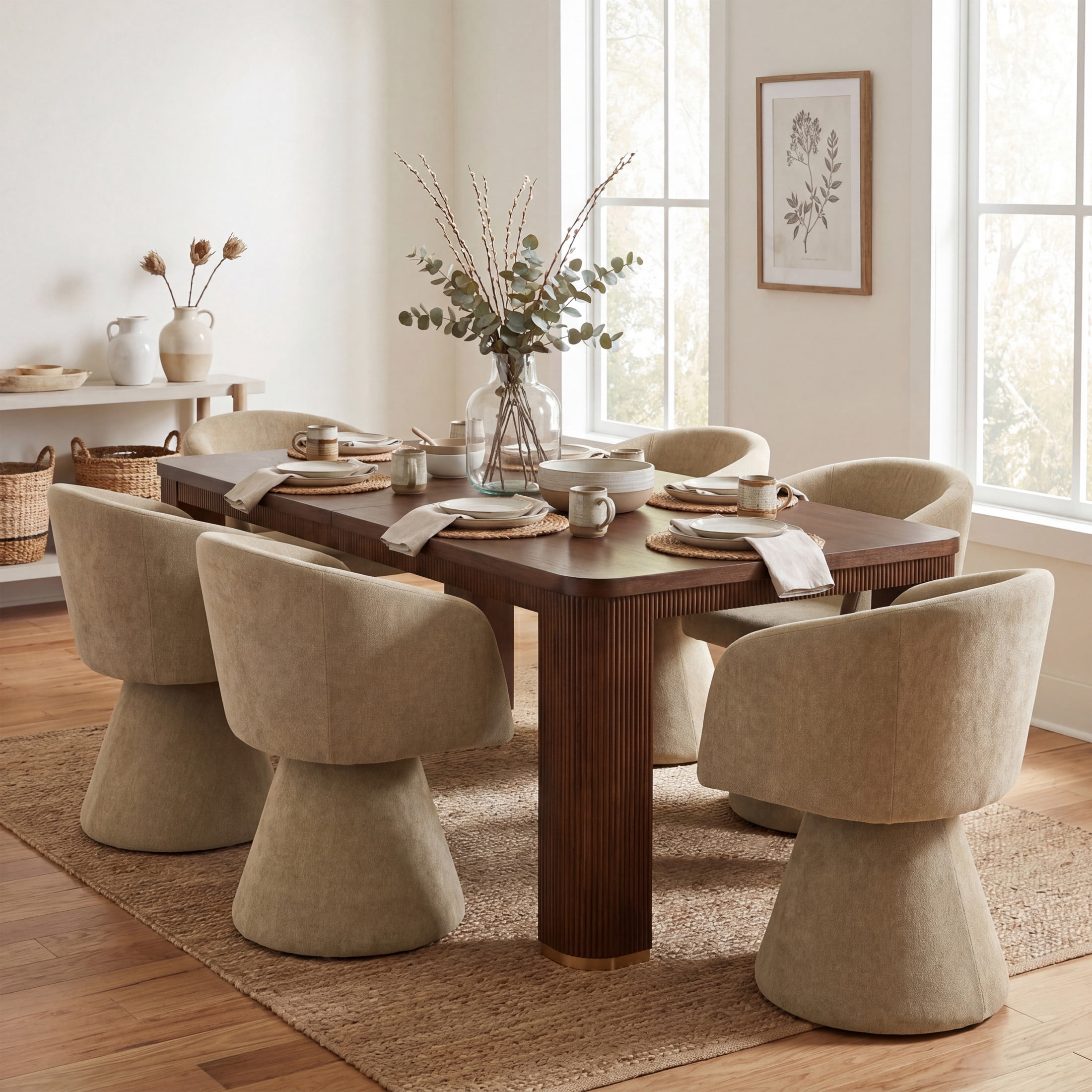 Christopher Knight Home 7-Piece Modern Dining Set, Swivel Upholstered Chairs and 90" Table, Walnut+Moss Green