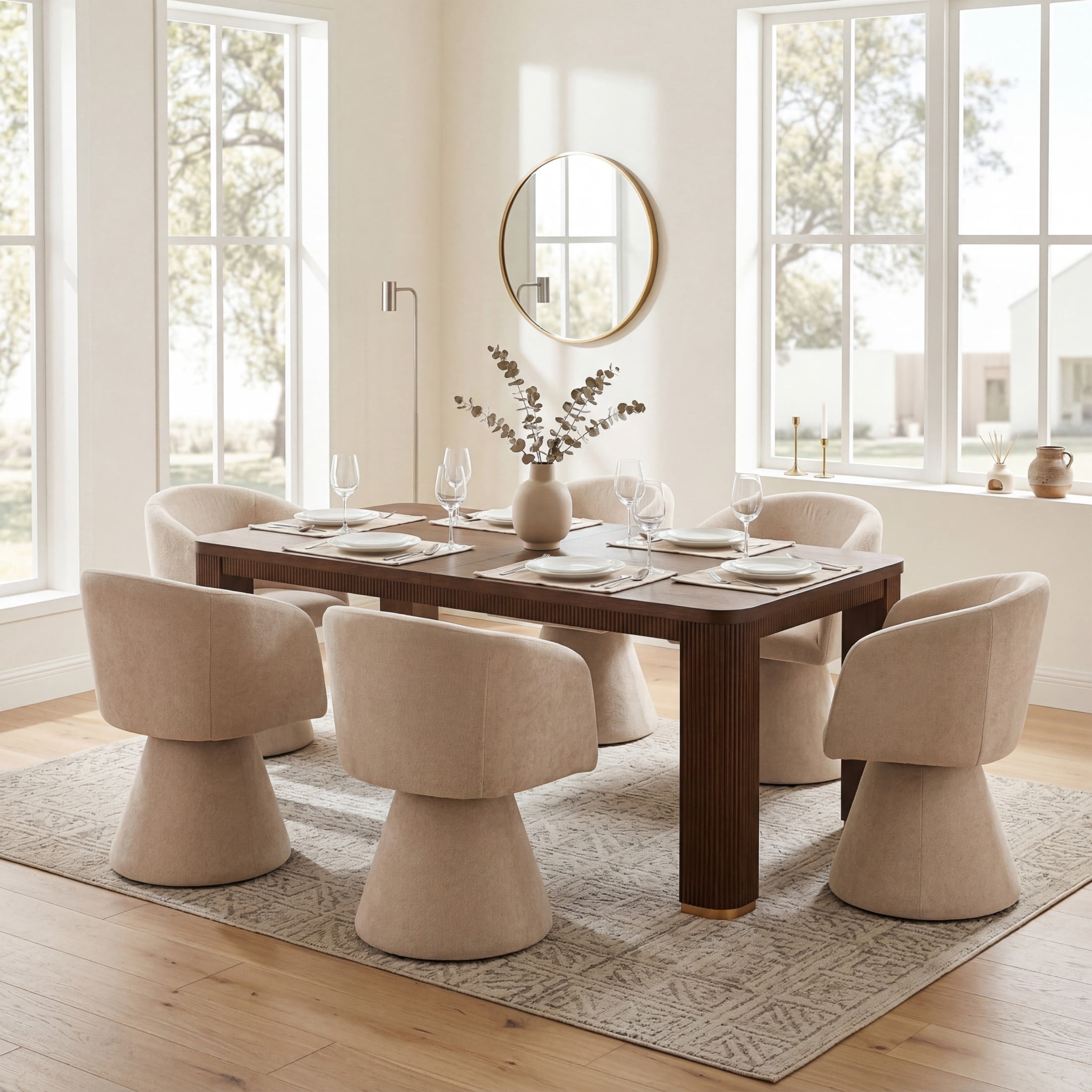 Christopher Knight Home 7-Piece Modern Dining Set, Swivel Upholstered Chairs and 90" Table, Walnut+Oatmeal