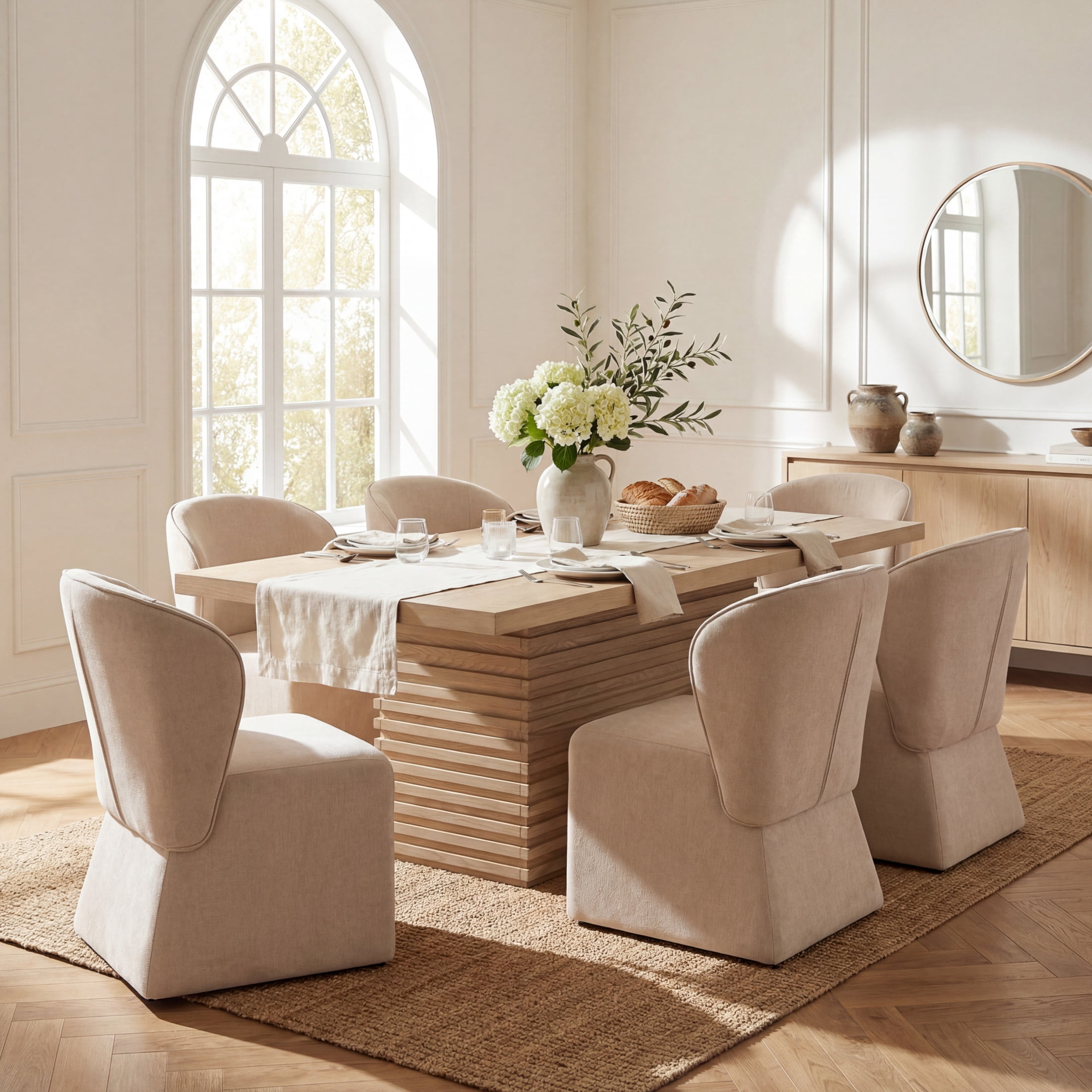Christopher Knight Home 7-Piece Modern Dining Set, Table with 6 Upholstered Chairs, Light Natural+Beige
