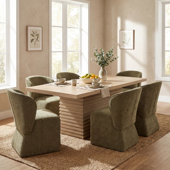Christopher Knight Home 7-Piece Modern Dining Set, Table with 6 Upholstered Chairs, Light Natural+Olive Green
