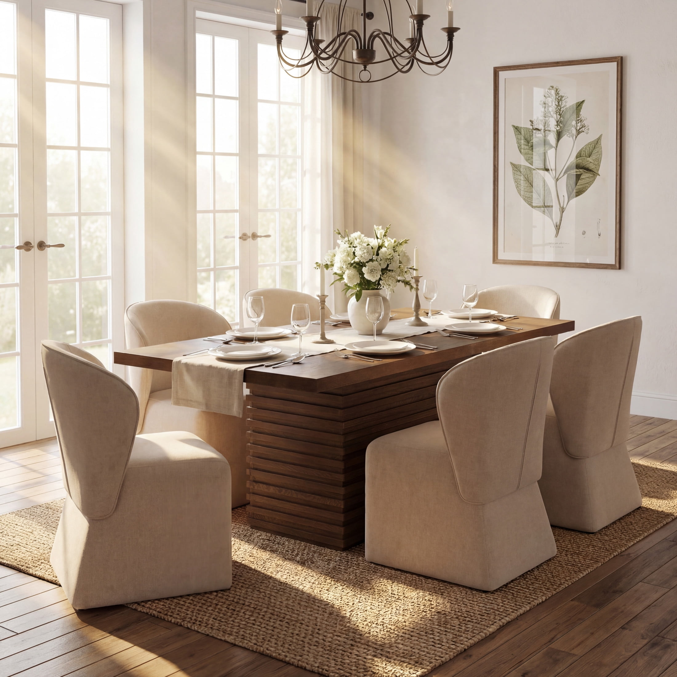 Christopher Knight Home 7-Piece Modern Dining Set, Table with 6 Upholstered Chairs, Walnut+Beige