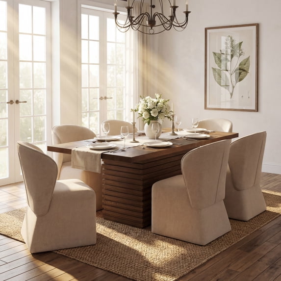 Christopher Knight Home 7-Piece Modern Dining Set, Table with 6 Upholstered Chairs, Walnut+Beige