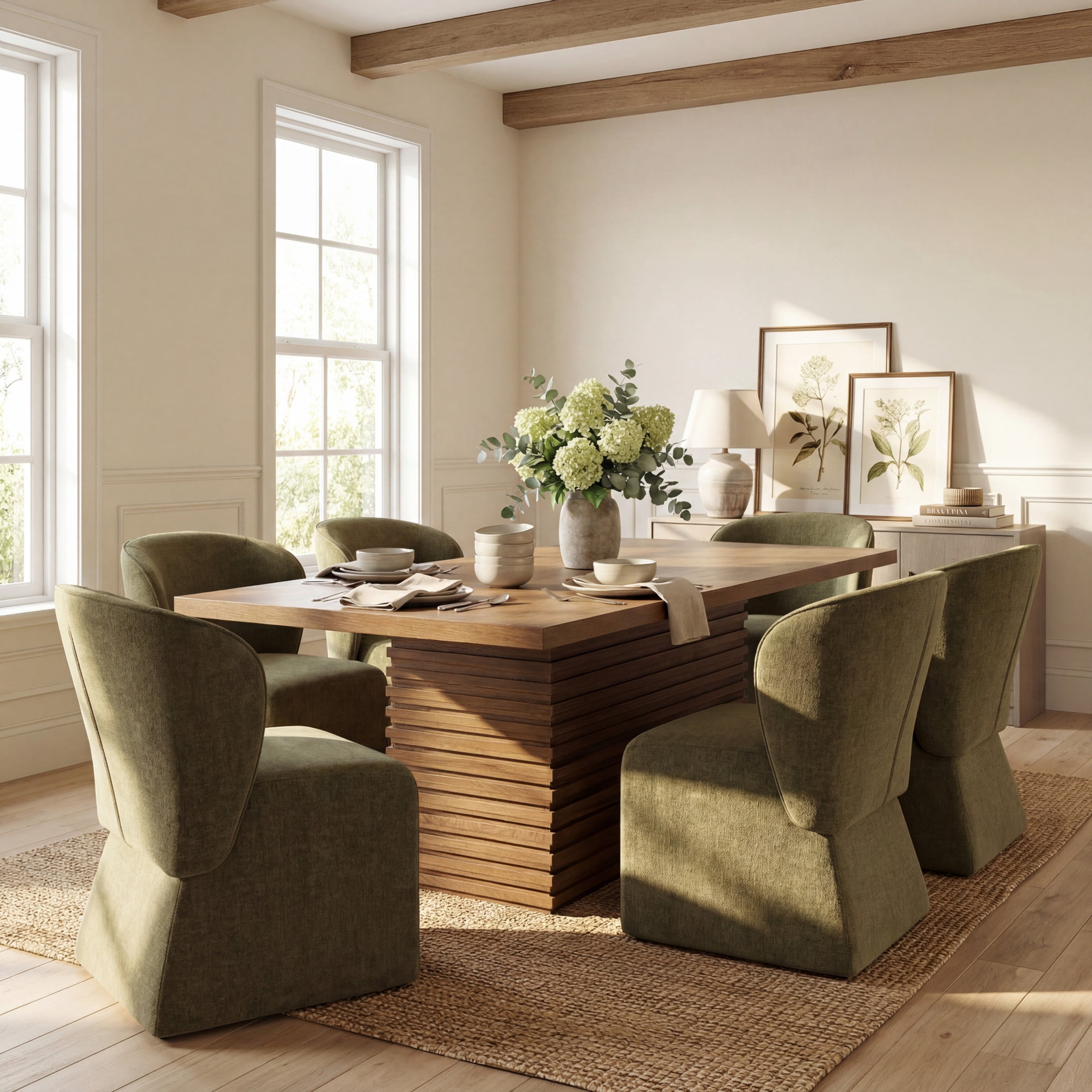 Christopher Knight Home 7-Piece Modern Dining Set, Table with 6 Upholstered Chairs, Walnut+Olive Green