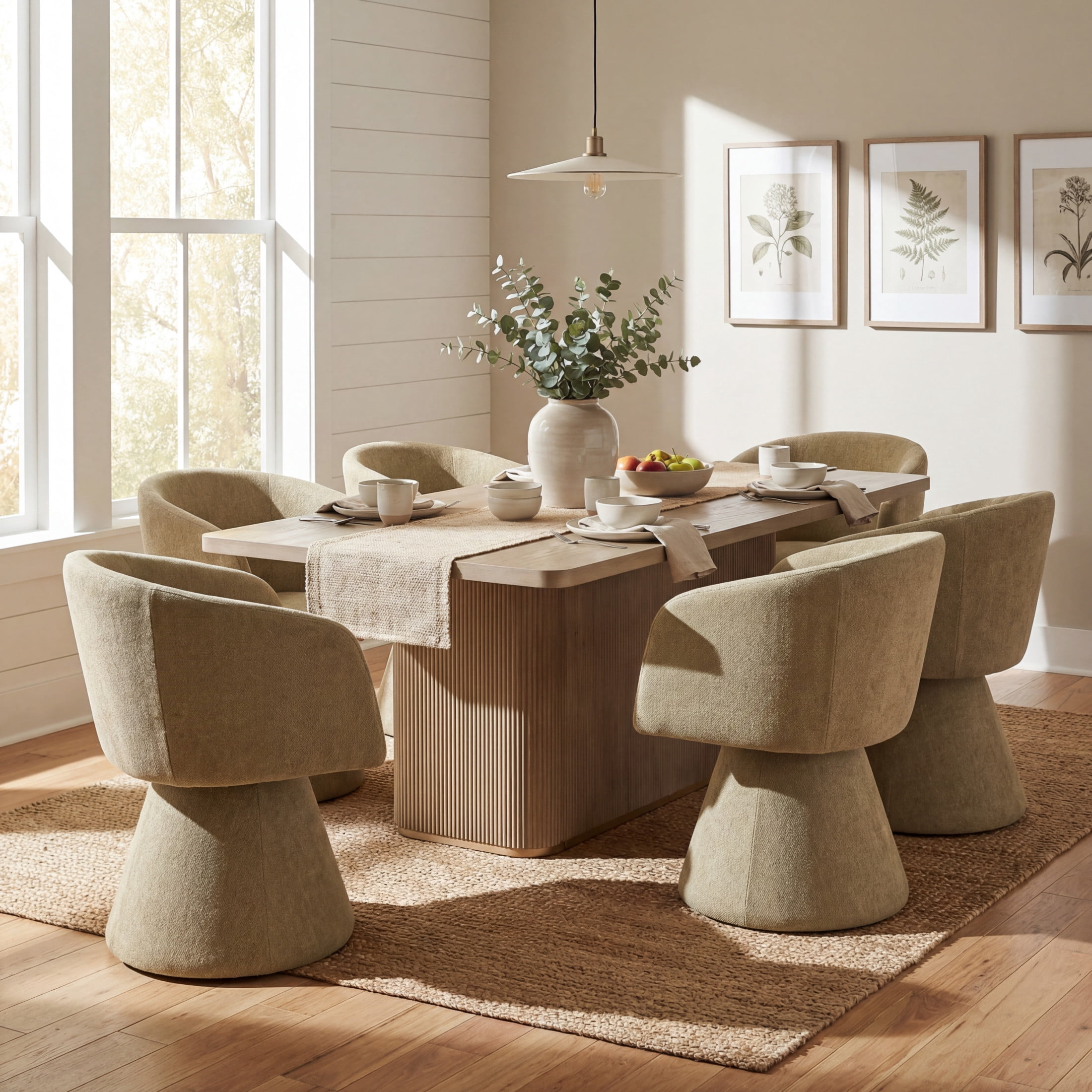 Christopher Knight Home 7-Piece Modern Dining Set, Table with Swivel Upholstered Chairs, Natural+Light Green