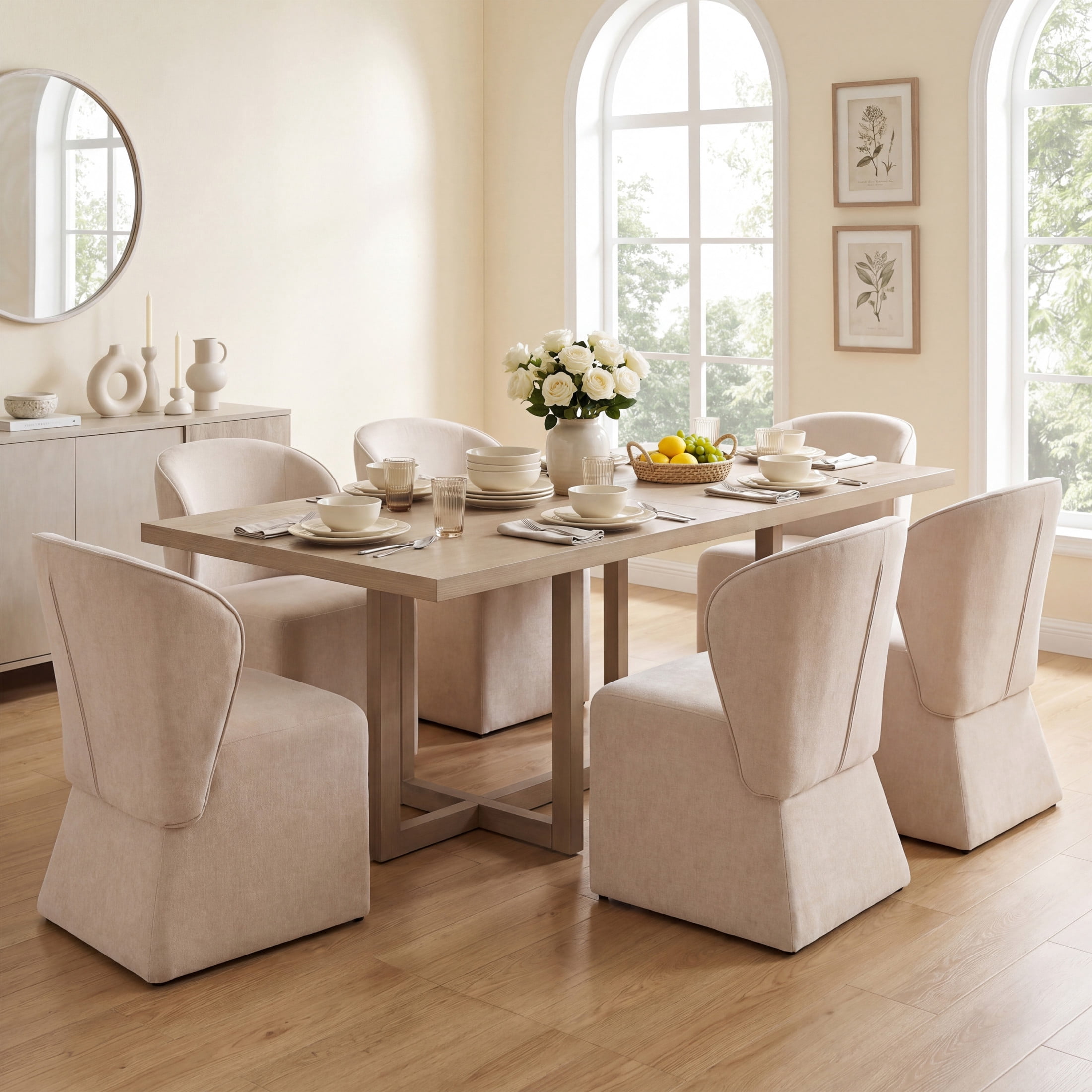 Christopher Knight Home 7-Piece Modern Dining Set, Table with Upholstered Chairs, Light Ash+Beige
