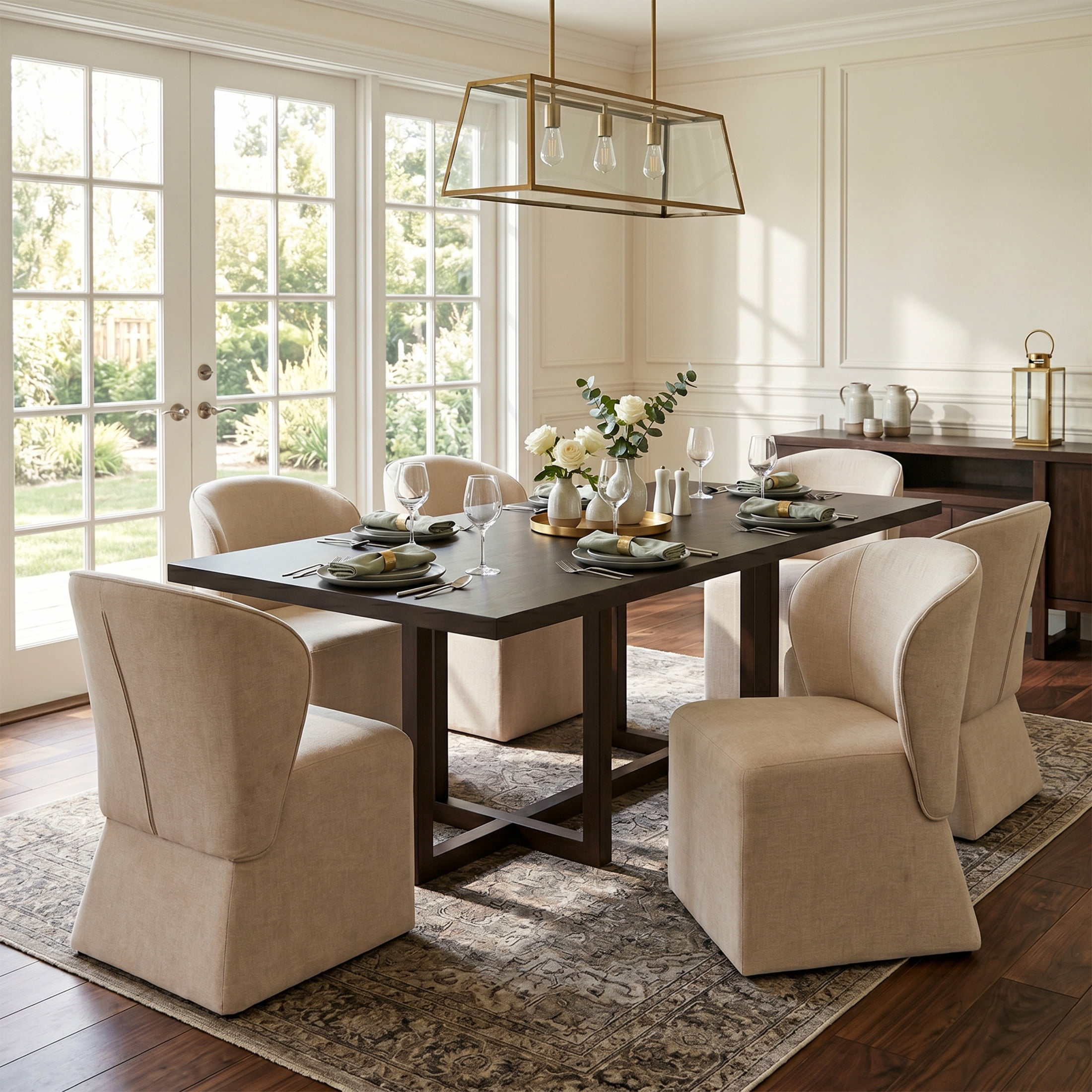 Christopher Knight Home 7-Piece Modern Dining Set, Table with Upholstered Chairs, Walnut+Beige