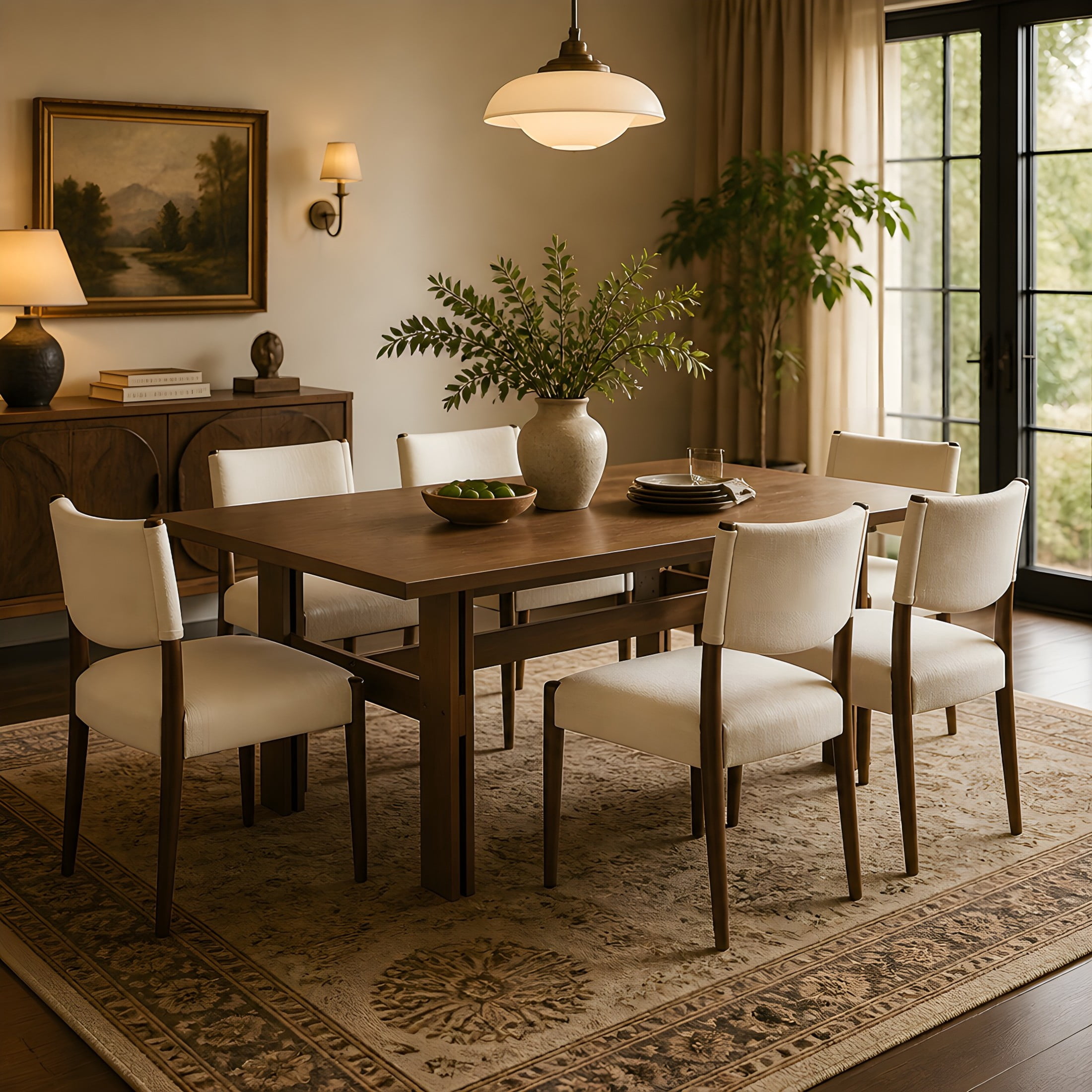 Christopher Knight Home 7-Piece Modern Dining Set for 6, Rectangle Table with Upholstered Chairs, Walnut+Beige