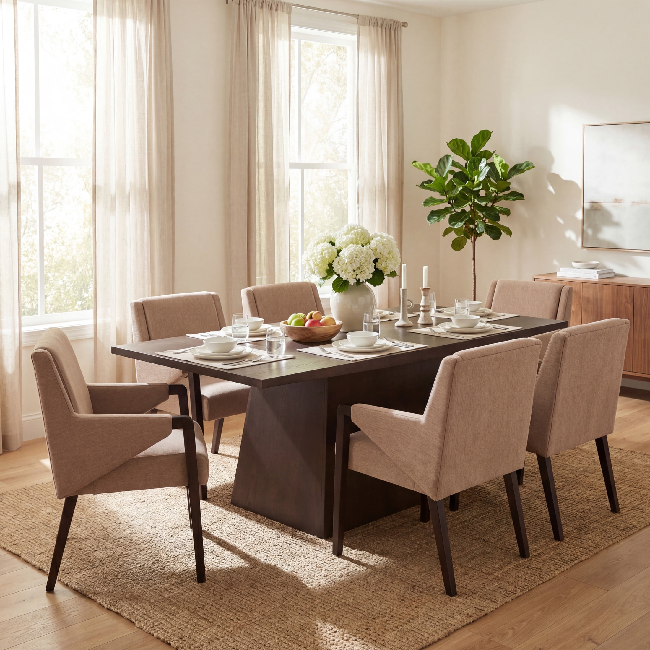 Christopher Knight Home 7-Piece Modern Dining Set with Espresso Pedestal Wood Table and Light Brown Chairs