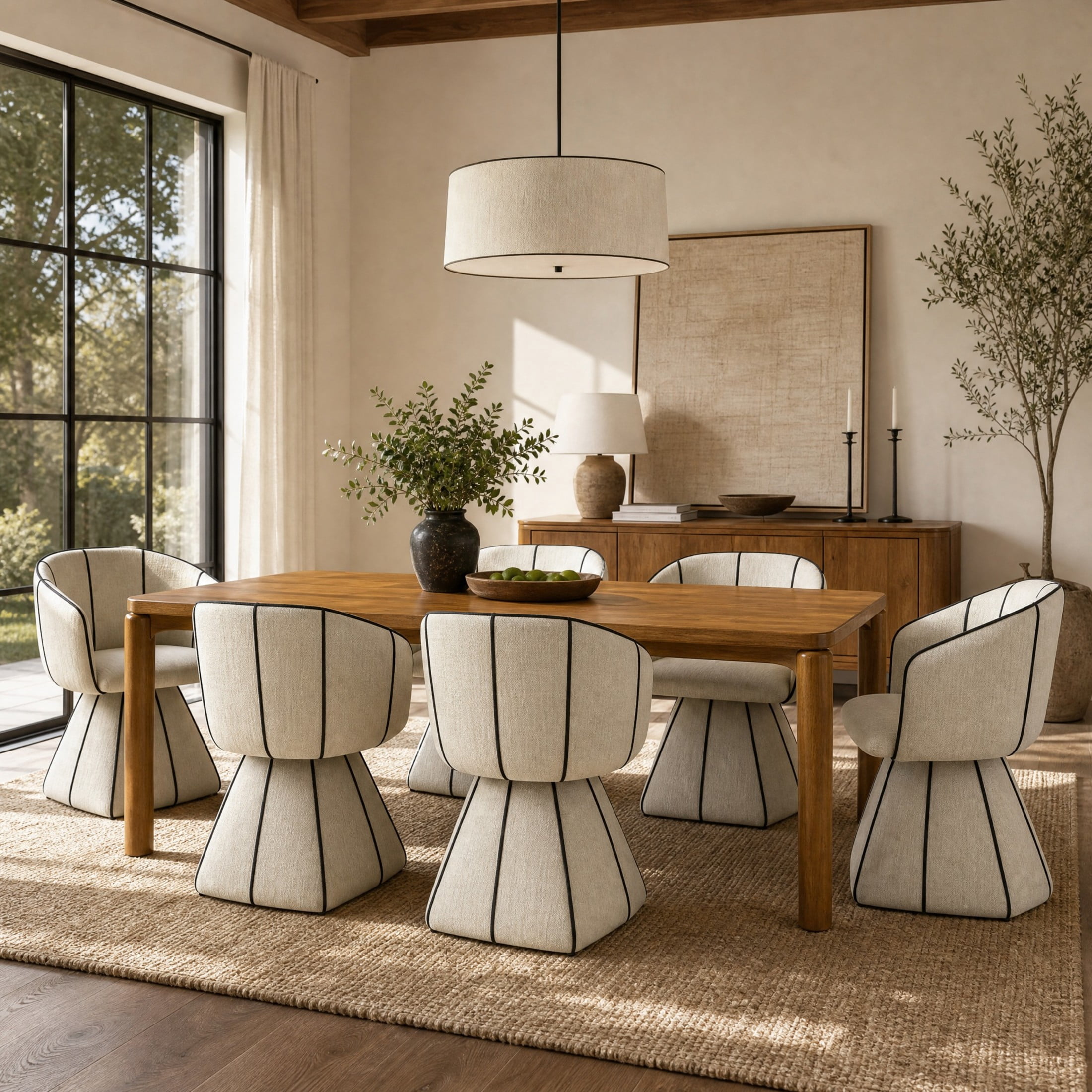 Christopher Knight Home 7-Piece Modern Dining Set with Swivel Chairs and Wood Table, Beige+Black+Walnut