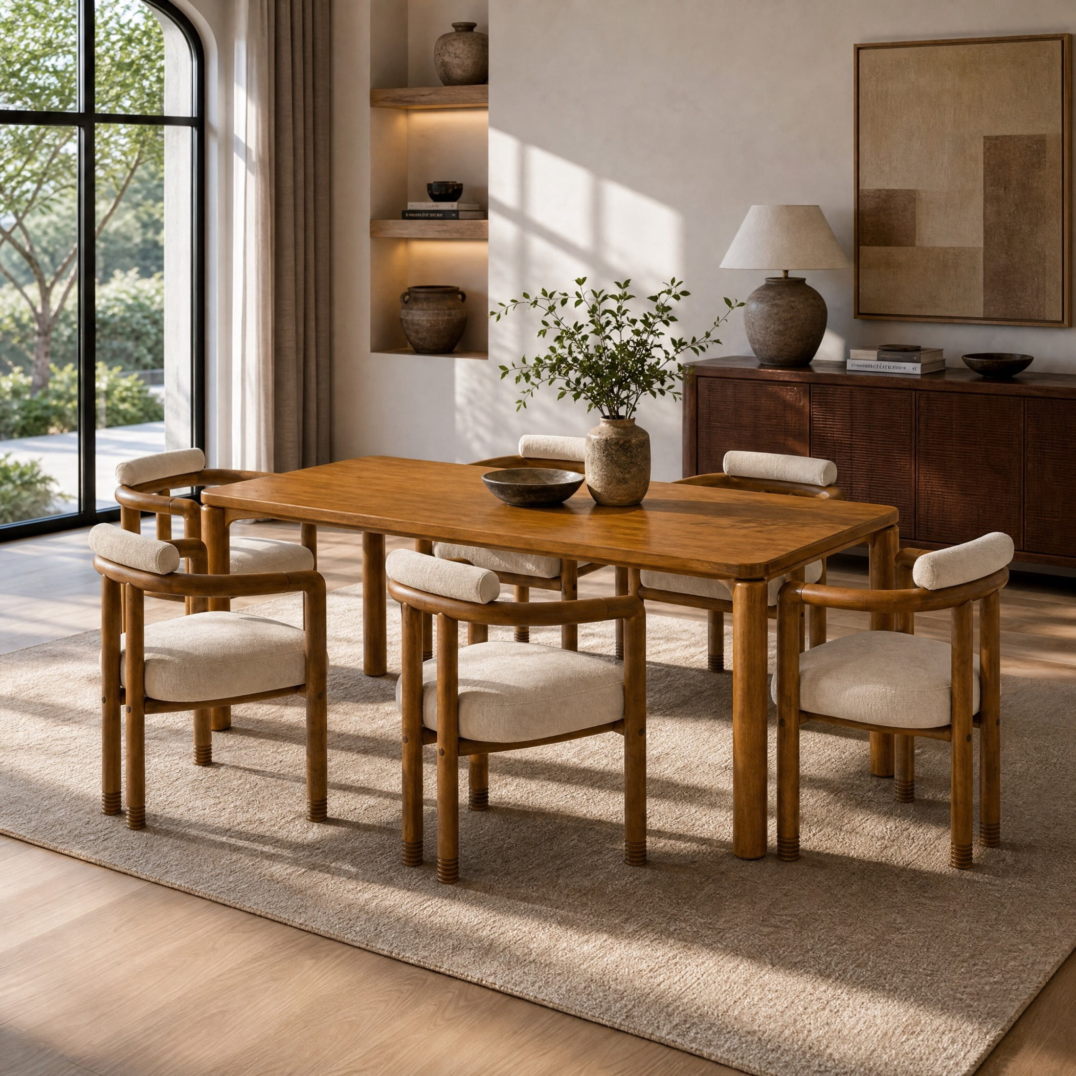 Christopher Knight Home 7-Piece Modern Dining Set with Wood Table and Upholstered Chairs, Walnut+Beige
