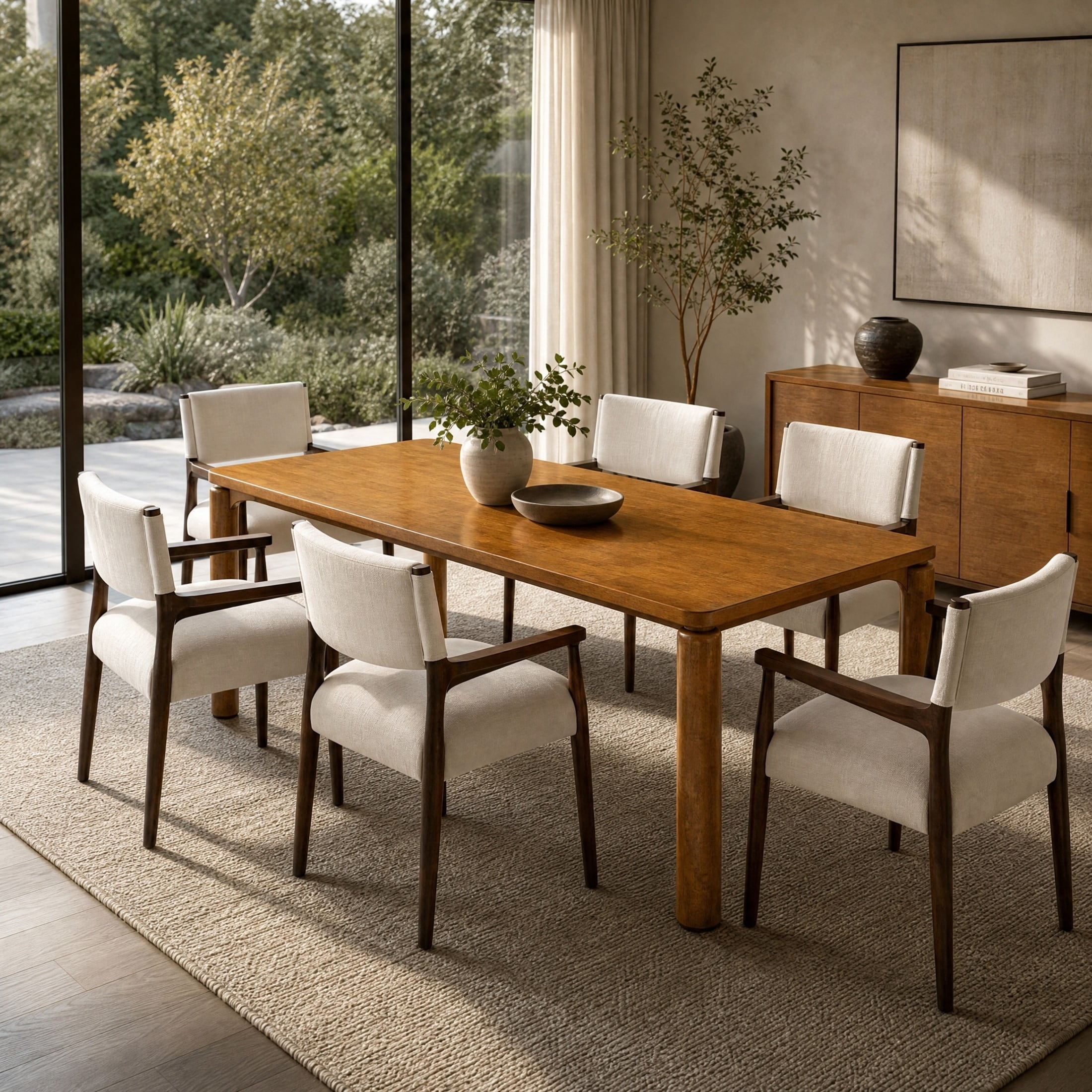 Christopher Knight Home 7-Piece Modern Dining Table with 6 Upholstered Armchairs Set, Walnut+Beige